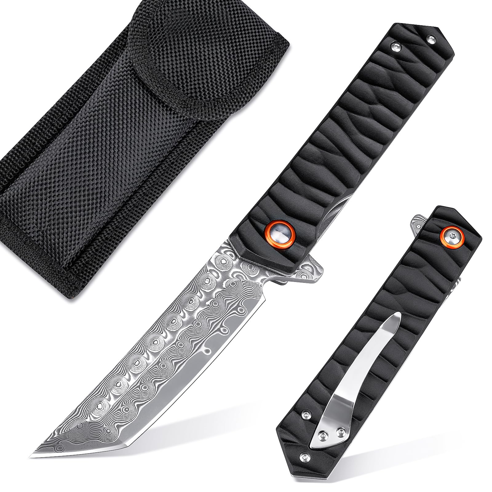 KOMWERO Damascus Pocket Knife for Men, VG10 Core Damascus Steel Blade Folding Knife with Aluminum Non-Slip Handle, EDC Knife for Camping Gift