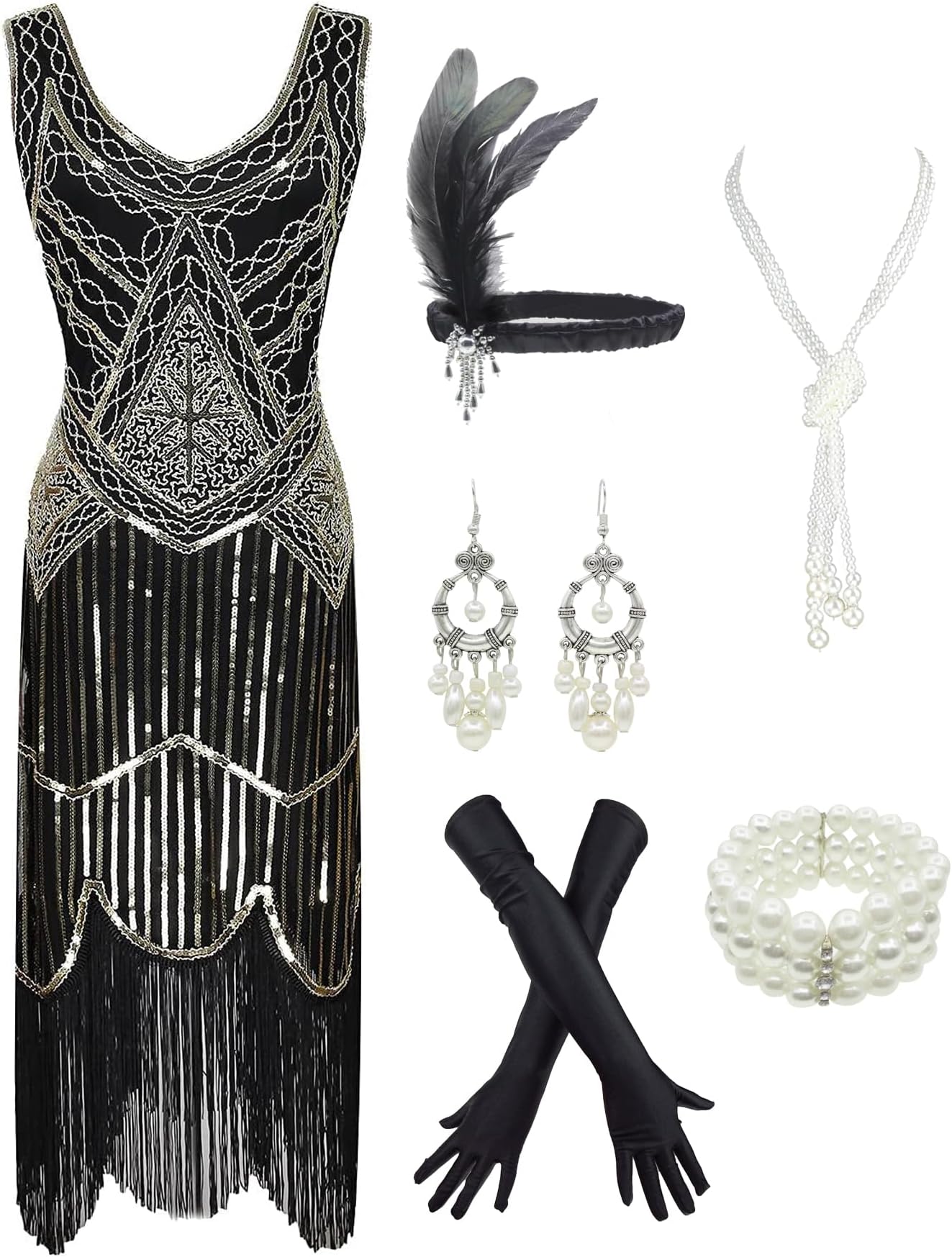 1920s Gatsby Sequin Fringed Paisley Flapper Dress with 20s Accessories Set