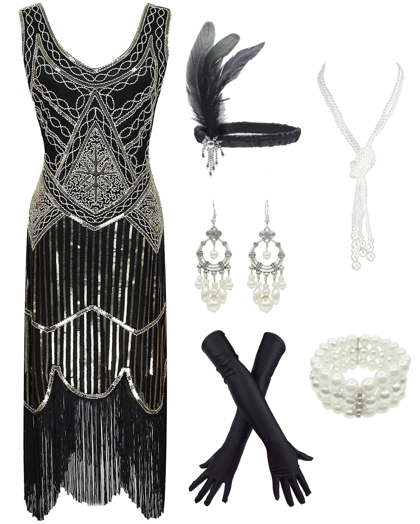 1920s Gatsby Sequin Fringed Paisley Flapper Dress with 20s Accessories Set