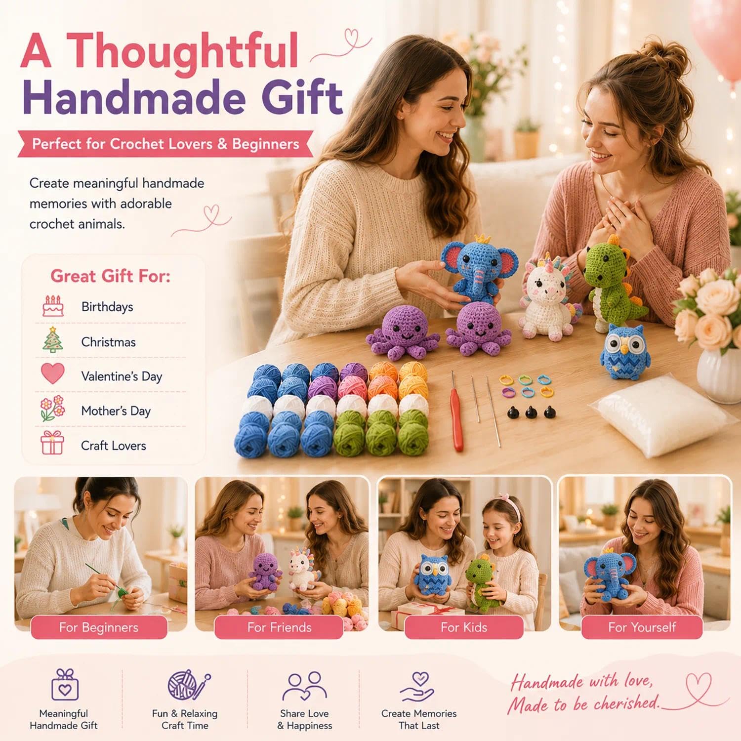 Kit per uncinetto a forma di animale, per principianti e adulti, set completo per realizzare 5 bambole con animali, per imparare a lavorare a maglia, kit con istruzioni e video tutorial