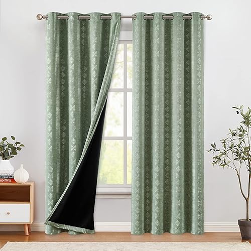 COLLACT Cortinas opacas 100% bohemias para dormitorio, 63 pulgadas de largo, cortinas con patrón geométrico de rayas azules sobre beige, para sala