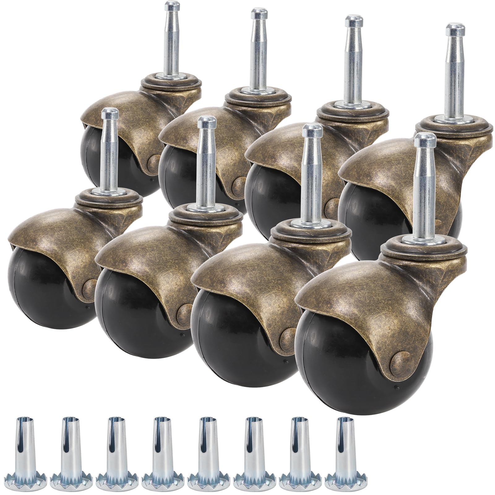 Yarlung 8 Pack 2 Inch Ball Caster Wheels with Swivel Stem, Antique Brass Casters with Mounting Stem Sleeve Socket (5/16" x 1-1/2") for Furniture