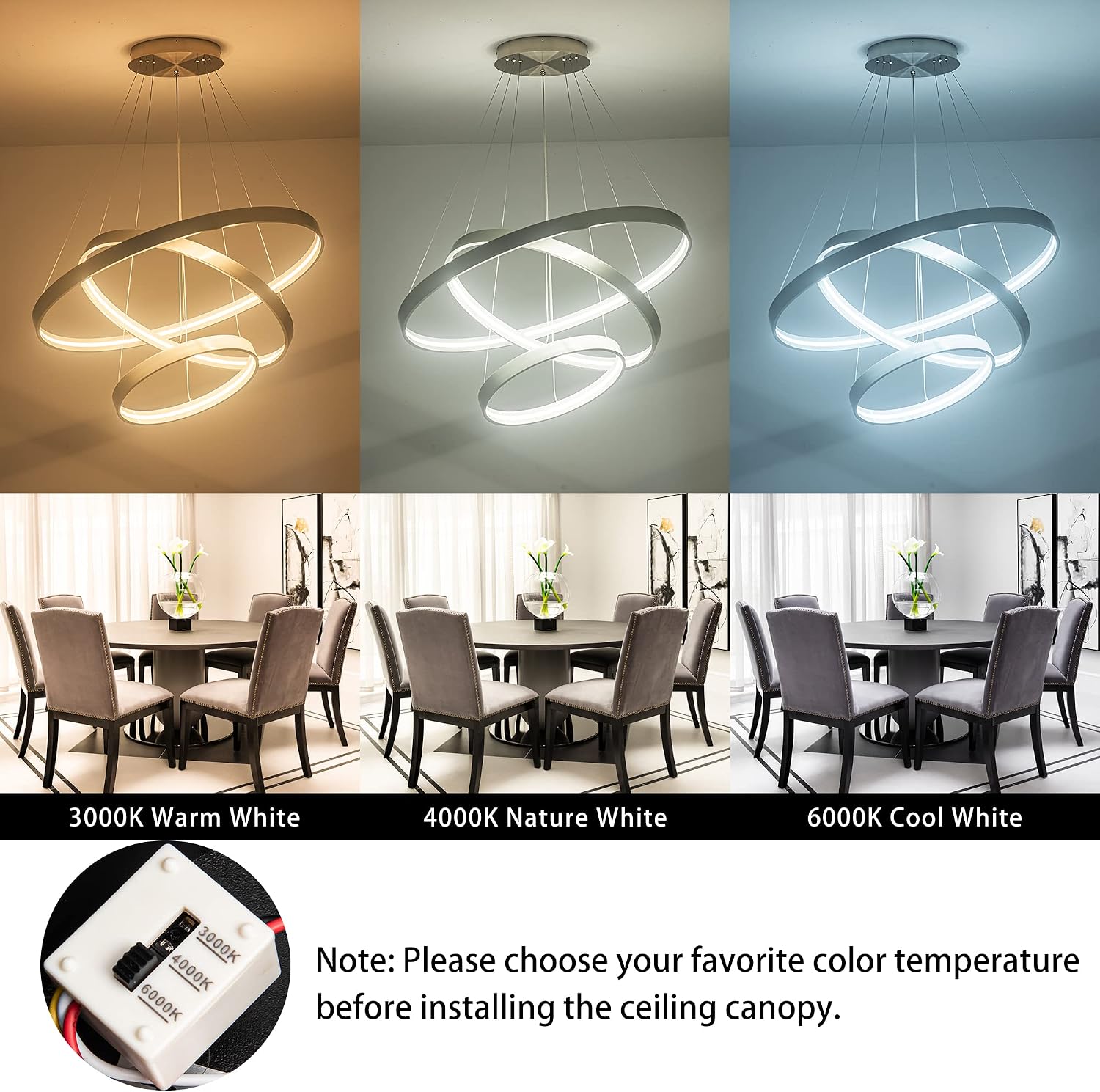 Modern Led Chandeliers, Dimmable Contemporary LED Chandeliers 3 Rings, Hanging Led Modern Pendant Light Fixture for Living Dining Room Kitchen Foyer Entryway Brush Nickel-3000K/4000K/6000k
