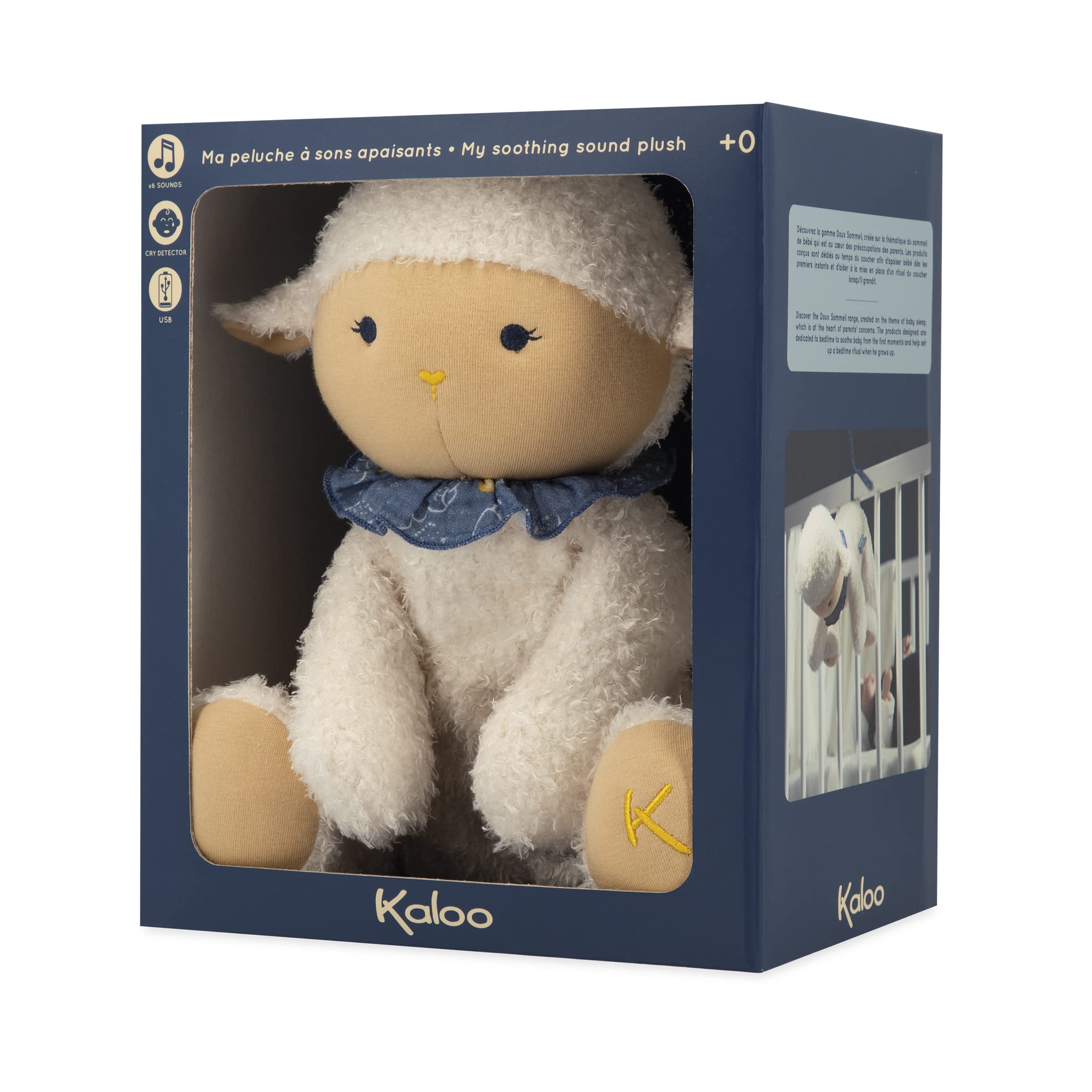 KALOO - Doux Sommeil - Peluche Pecorella Bianca - Peluche Musicale - 6 Suoni Rilassanti per Addormentare Il Neonato - Rileva Il Pianto - 25 cm - dalla Nascita, K221003