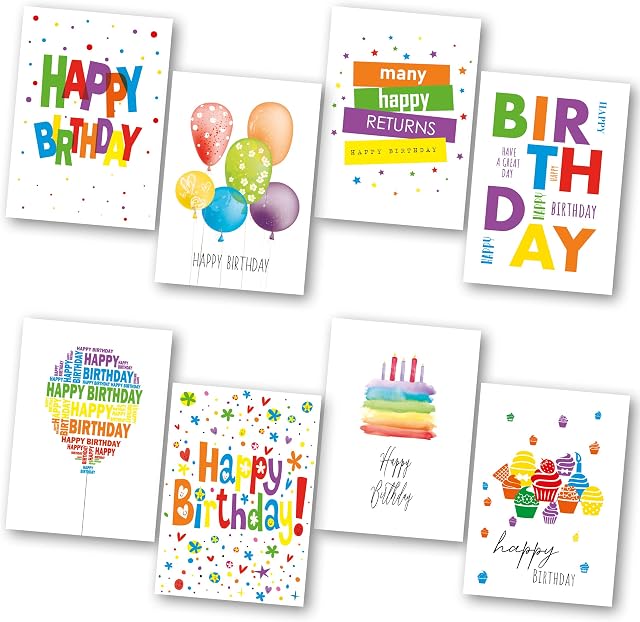 Birthday Cards Multipack of 32. Each Birthday Card box includes 8 Colourful Happy Birthday Card Designs. Blank Inside. Bulk Birthday Cards and Envelopes by Absolutely Yours.