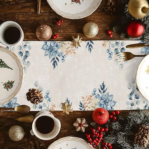 Miniatura 3 de Camino de mesa de Navidad azul de 108 pulgadas de largo, eucalipto de algodón y lino, camino de mesa de arpillera para tocador, comedor, fiesta,