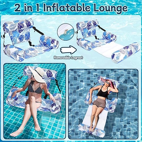 Miniatura 5 de Paquete de 2 flotadores inflables 2 en 1 para piscina con reposabrazos, tumbonas flotantes de tela para piscinas, fideos para adultos, silla