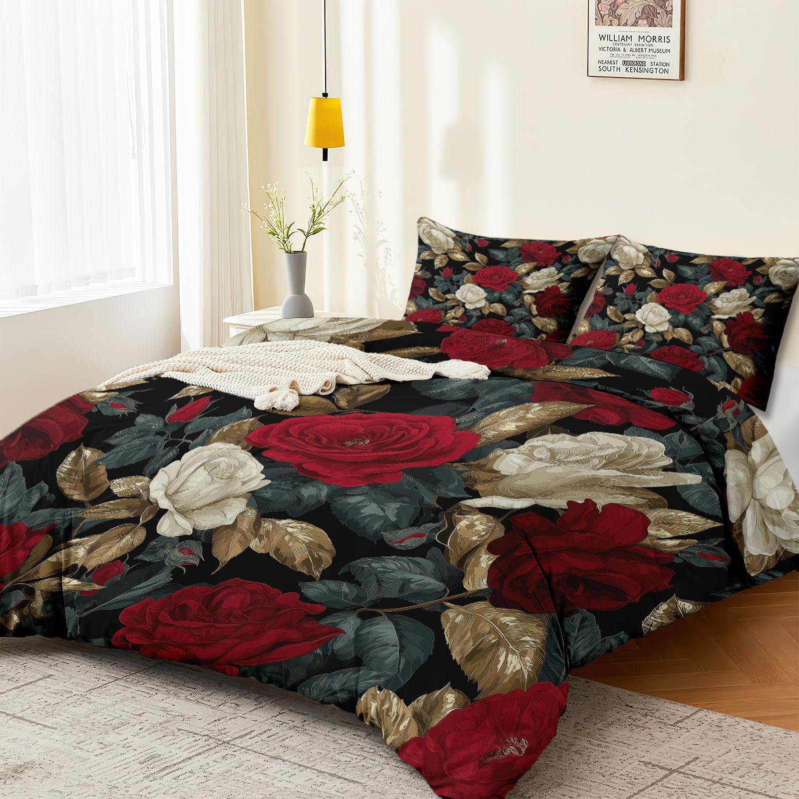 Romantyczne rośliny, kwiatowy zestaw poszewek na kołdrę 230 x 220 cm, luksusowy zestaw pościeli w stylu vintage, miękka mikrofibra, dwustronna poszewka na kołdrę na wszystkie pory roku, z zamkiem