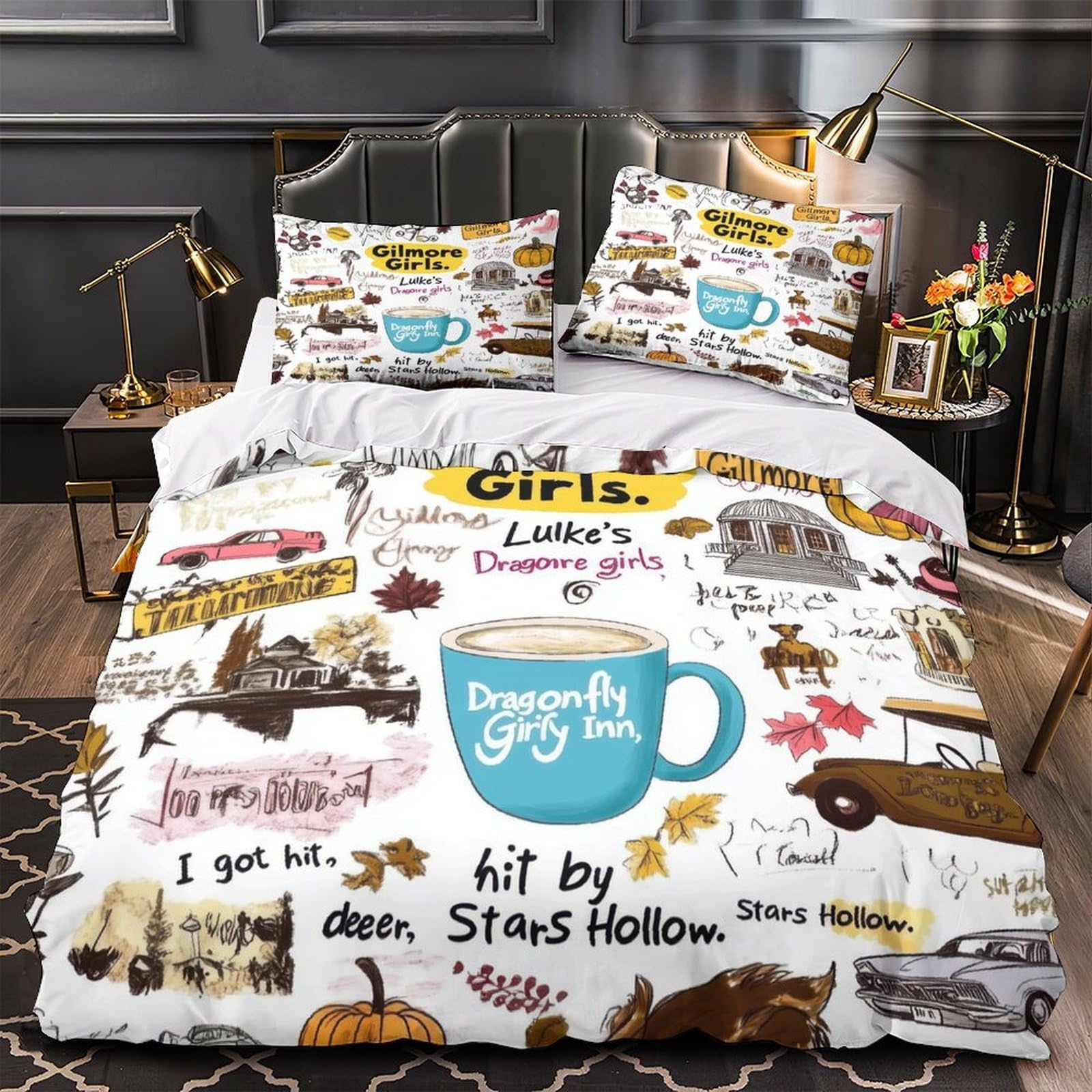 Arte di Gilmore Girls Impressione 3D 3 pz coperteletto illustrazione accogliente disegnata a mano cover piumone microfibra traspirante zip per ragazze adolescenti adulti King（220x240cm）