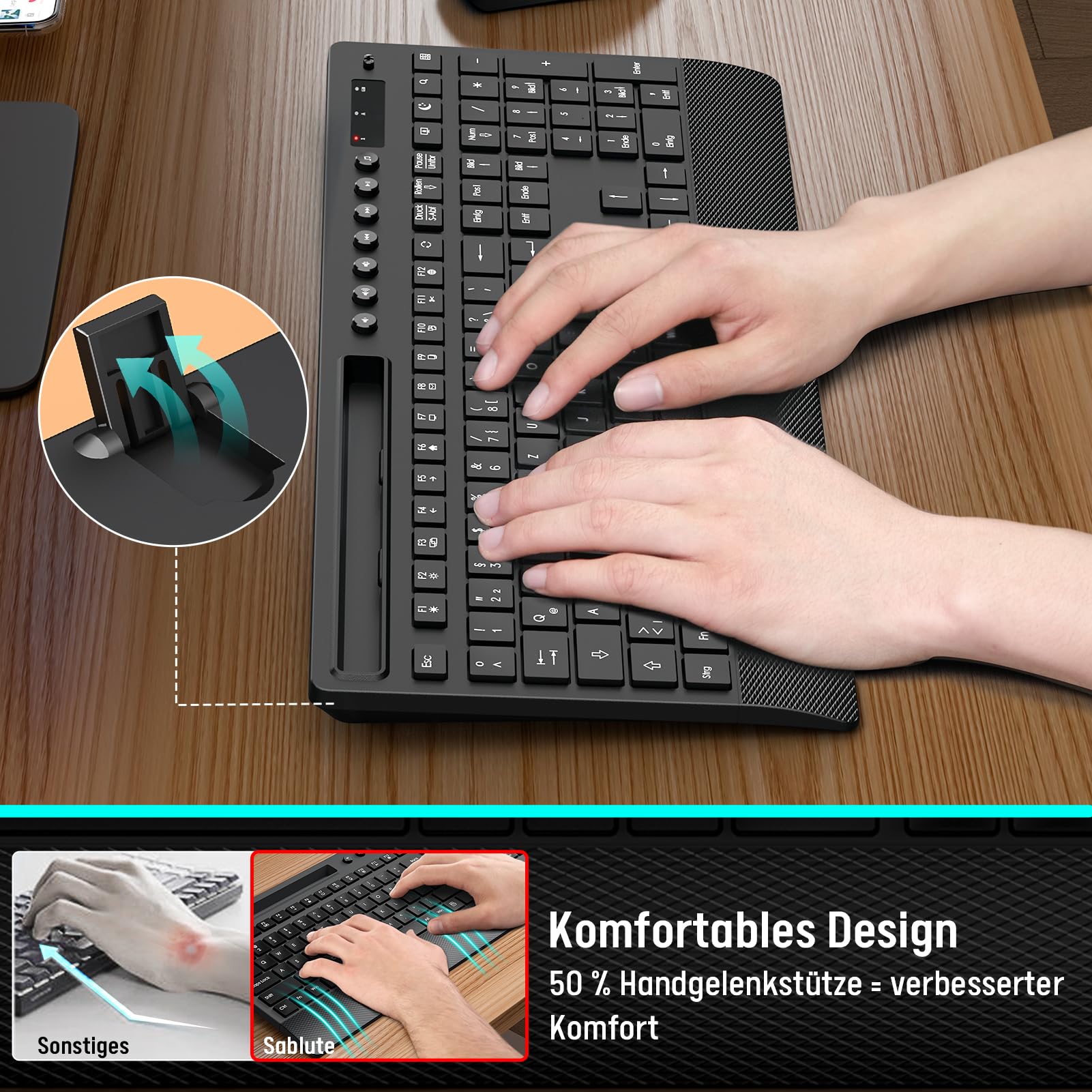 SABLUTE Ensemble clavier et souris sans fil, repose-poignet et support de