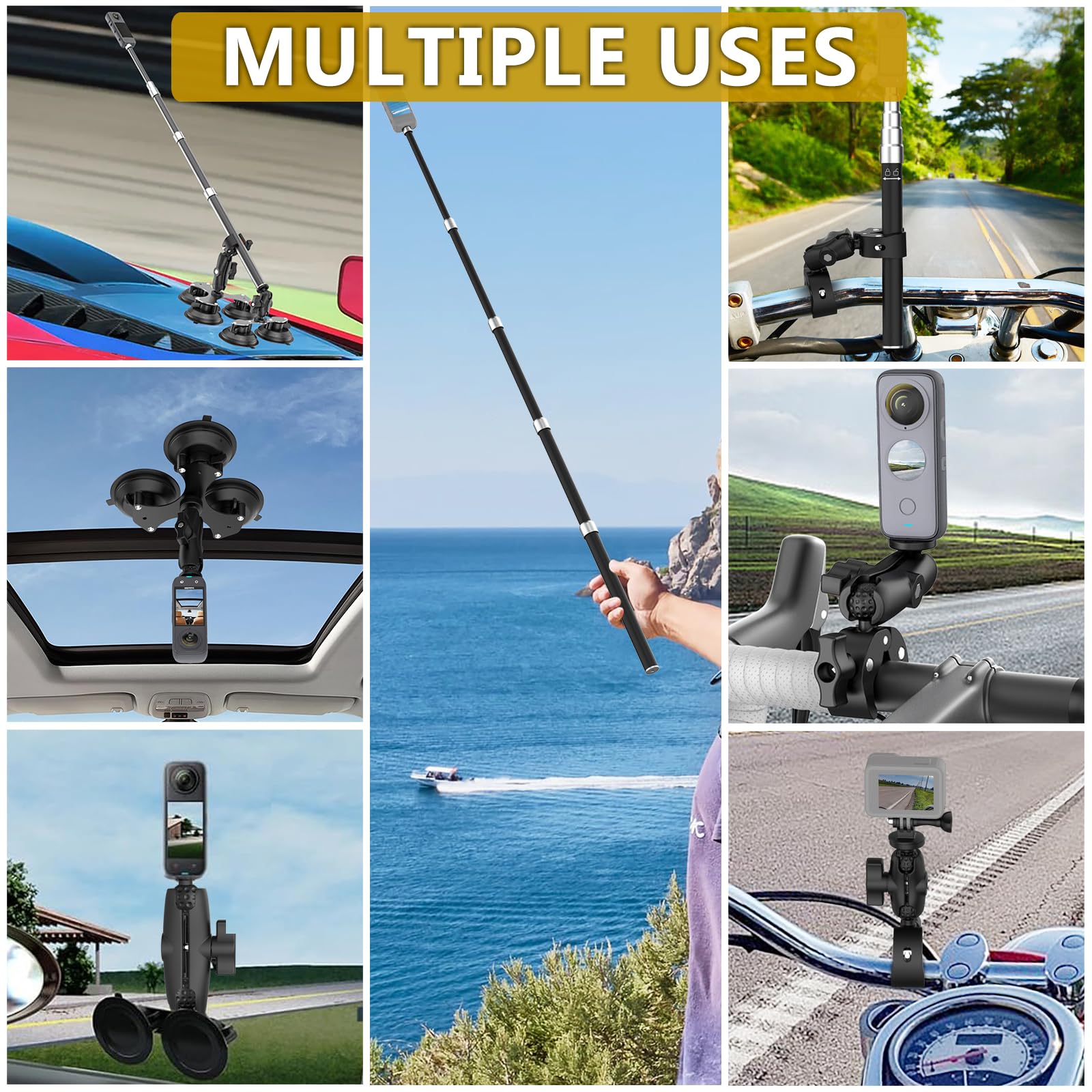 UNSTINCER 5 Ventosa Auto Supporto e Morsetti per Action Cam, 360° Rotativo | met 119 cm Selfie Stick, 1/4" Vite, Camera Attacco per Gopro Insta360 DJI, Car Cruscotto Parabrezza Vetro Tetto Porta Staffa