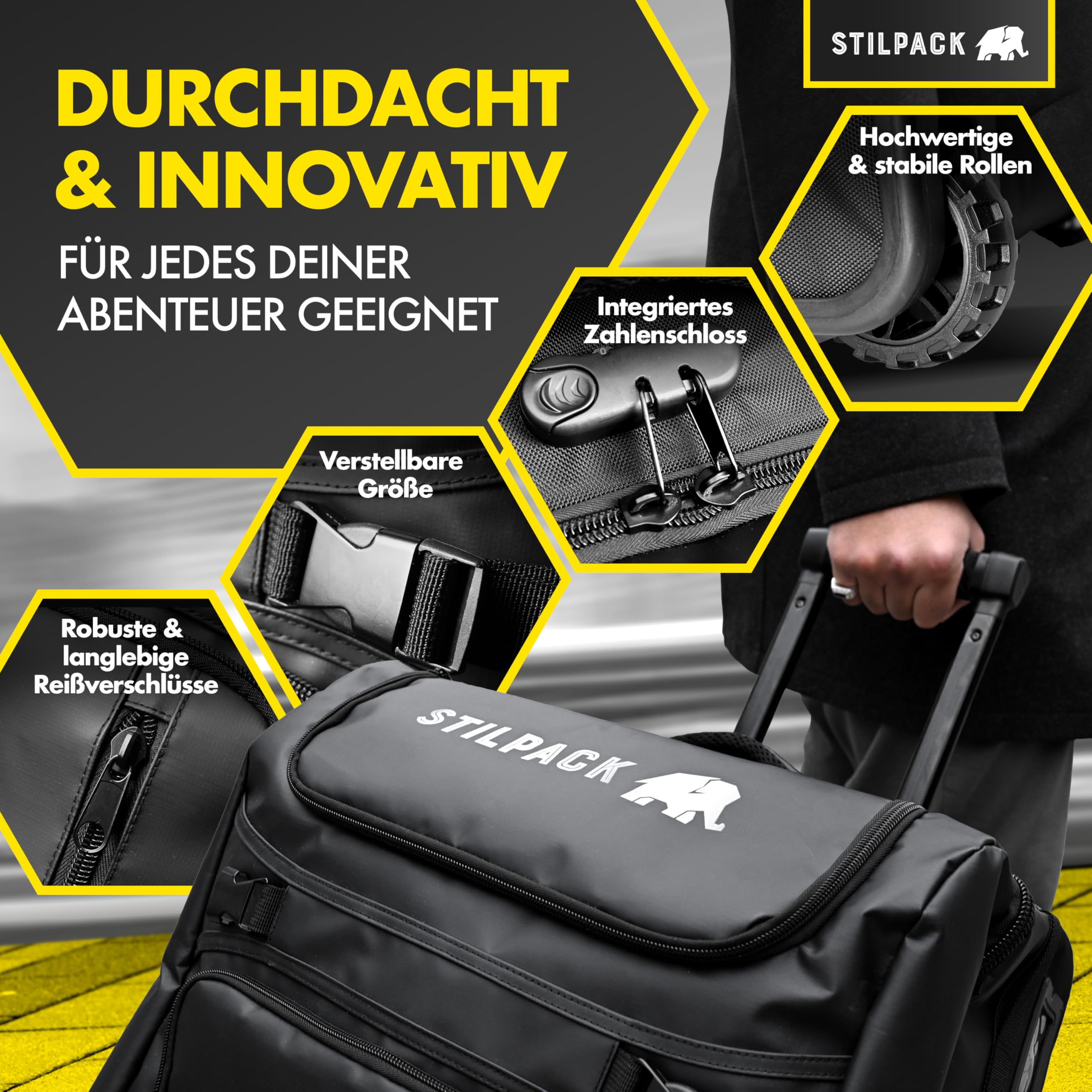 Reisetasche Rollen 120L Groß [Reisetrolley mit integriertem Sicherheitsschloss] Reisekoffer mit Rollen Groß Travel Bag | Reisetaschen Damen & Herren Perfekt für Urlaub Outdoor Sport Koffer | STILPACK