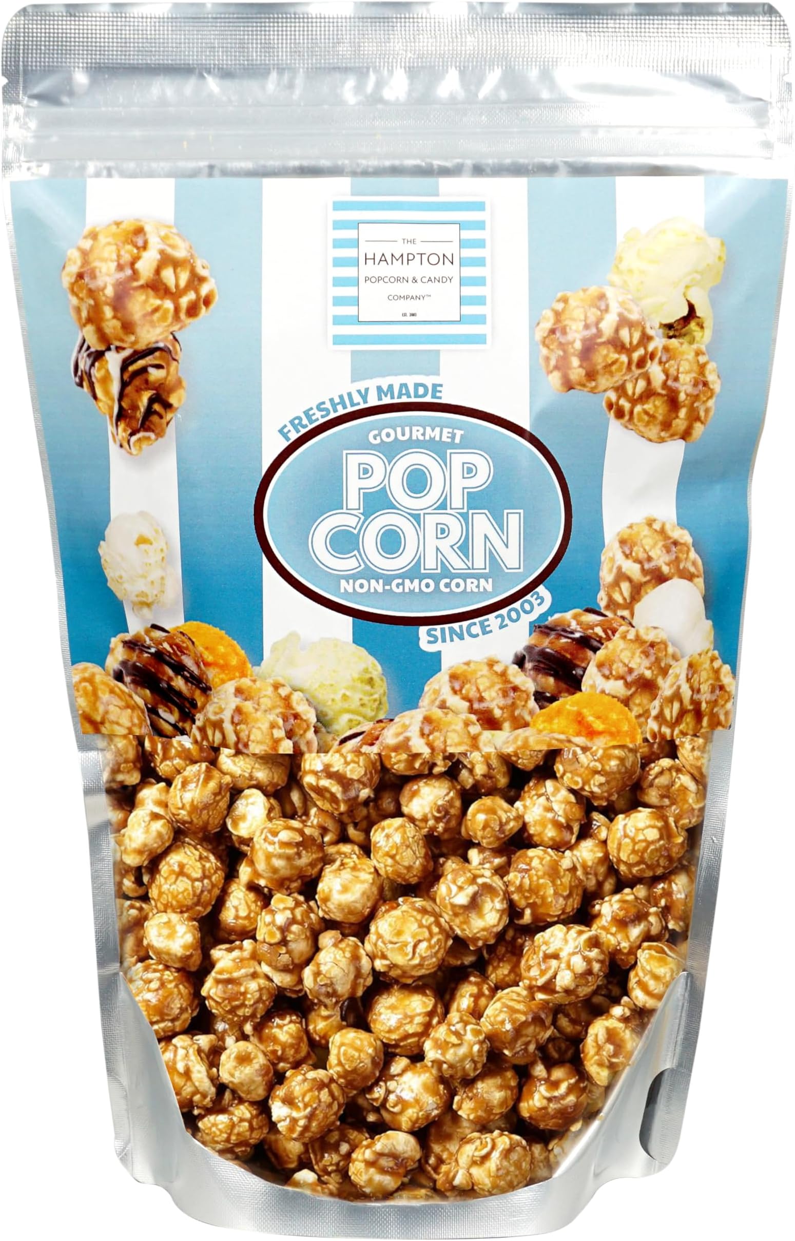 The Hampton Popcorn Company Caramel Popcorn Resealable Zip Bag, 9.5 Ounce, Caramel Corn, Fresh Gourmet Popcorn