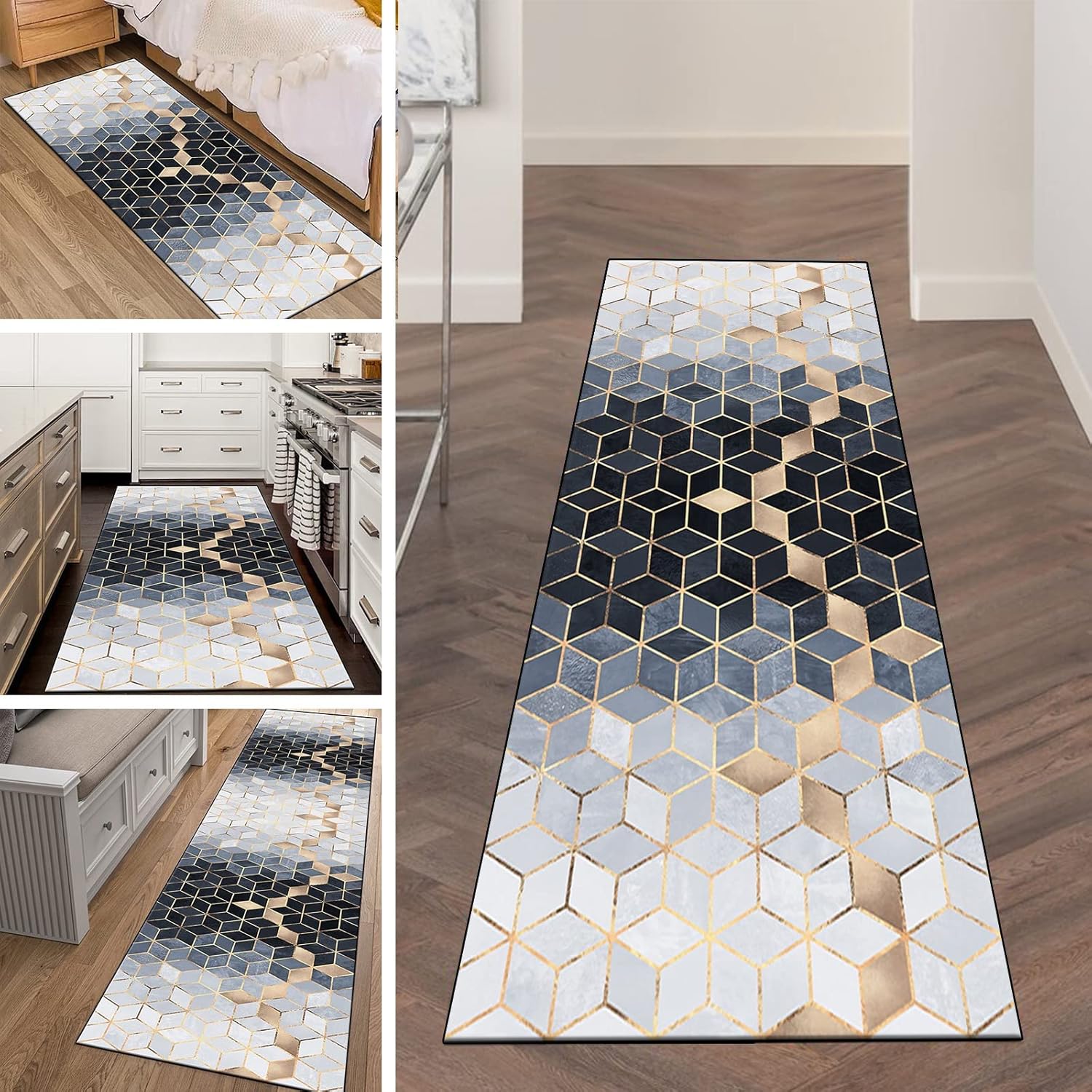 Runner Rug 4'x20' Modern Plaid Rug Runner, Non Slip Entryway Mat, Washable Kitchen Area Carpet for Bathroom, and Bedroom