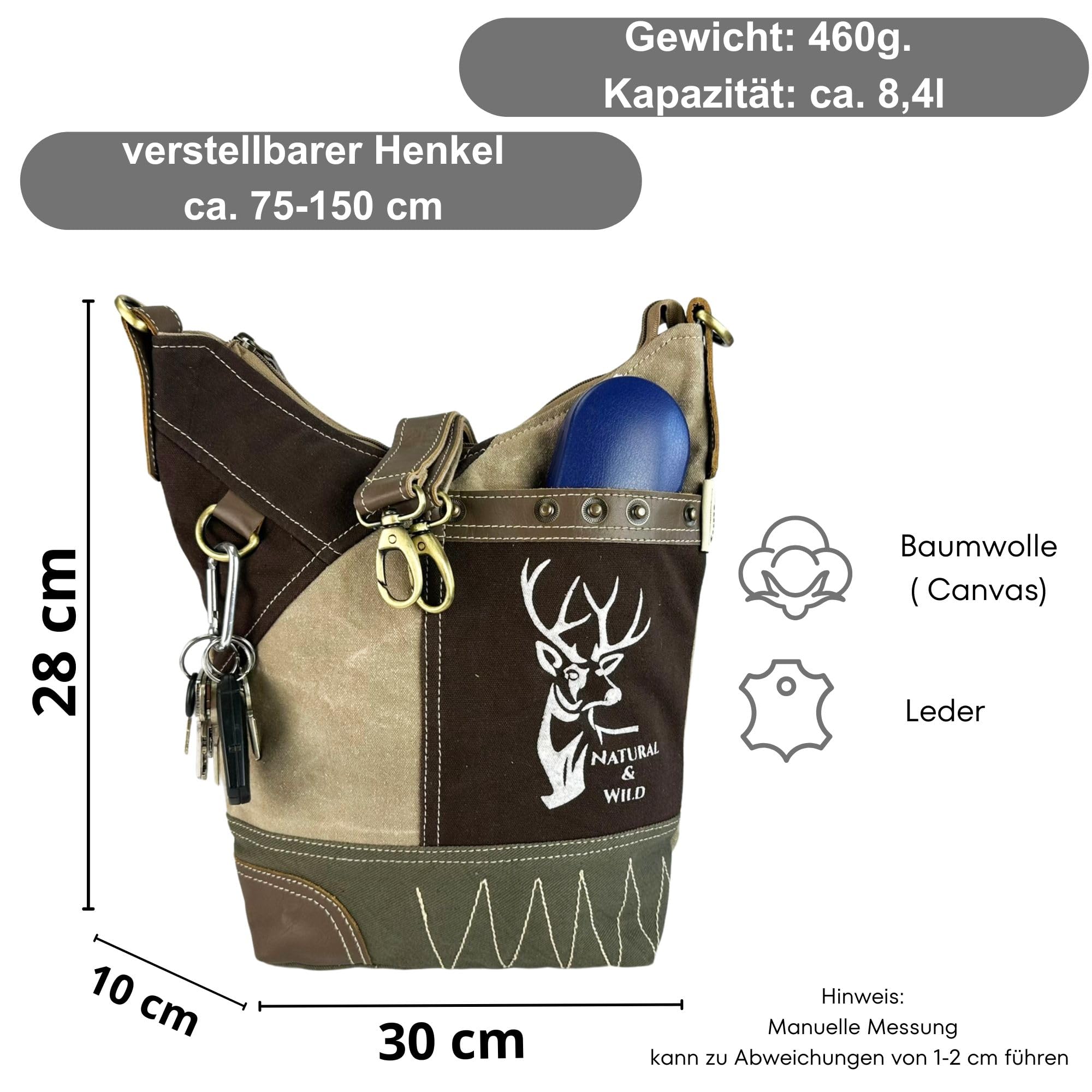 Sunsa Damen Umhängetasche aus Canvas & Leder. Hobo Tasche mit Reh Aufdruck