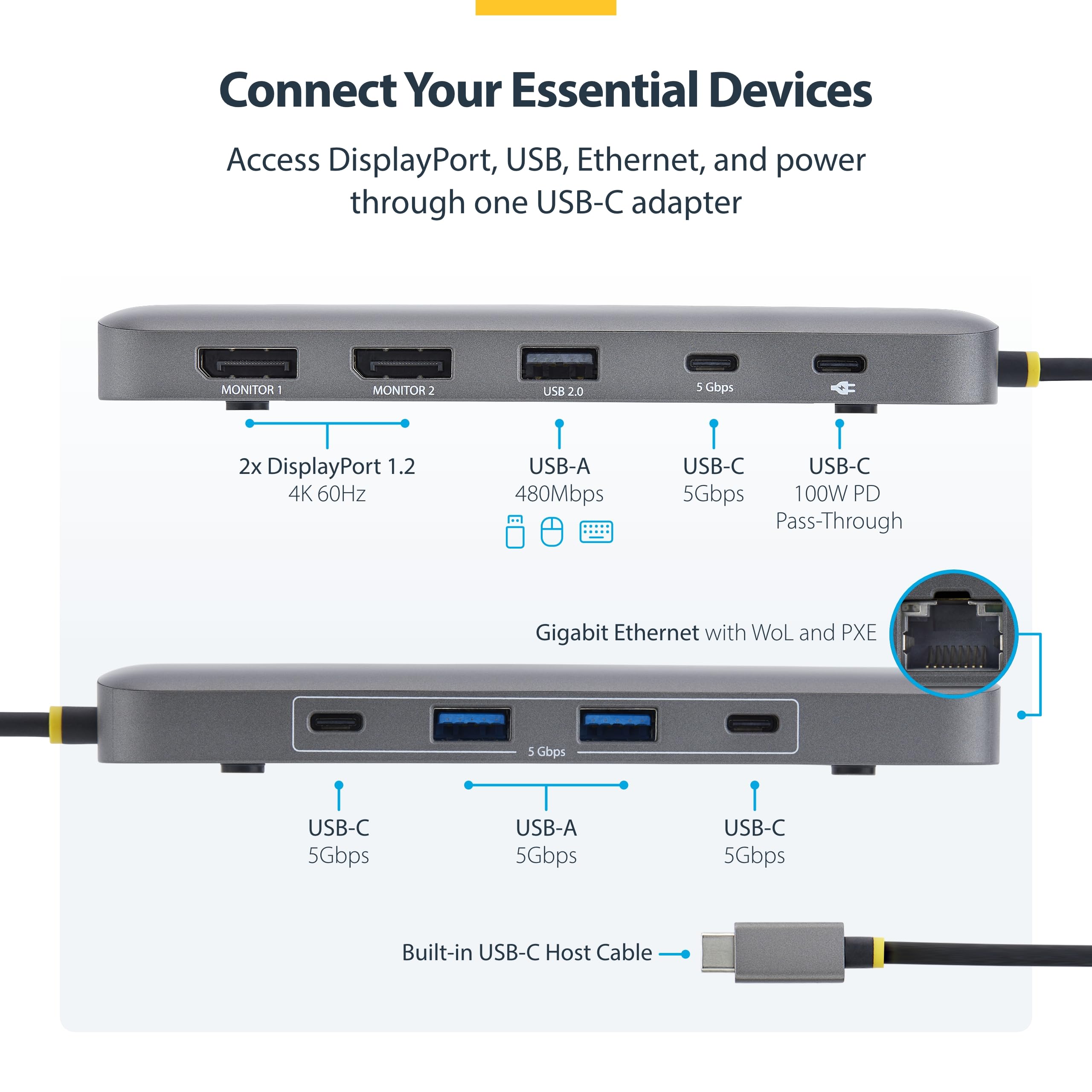 StarTech Dock USB-C 9-en-1, Double DisplayPort 4K, 10Gbps, 100W, GbE, SD