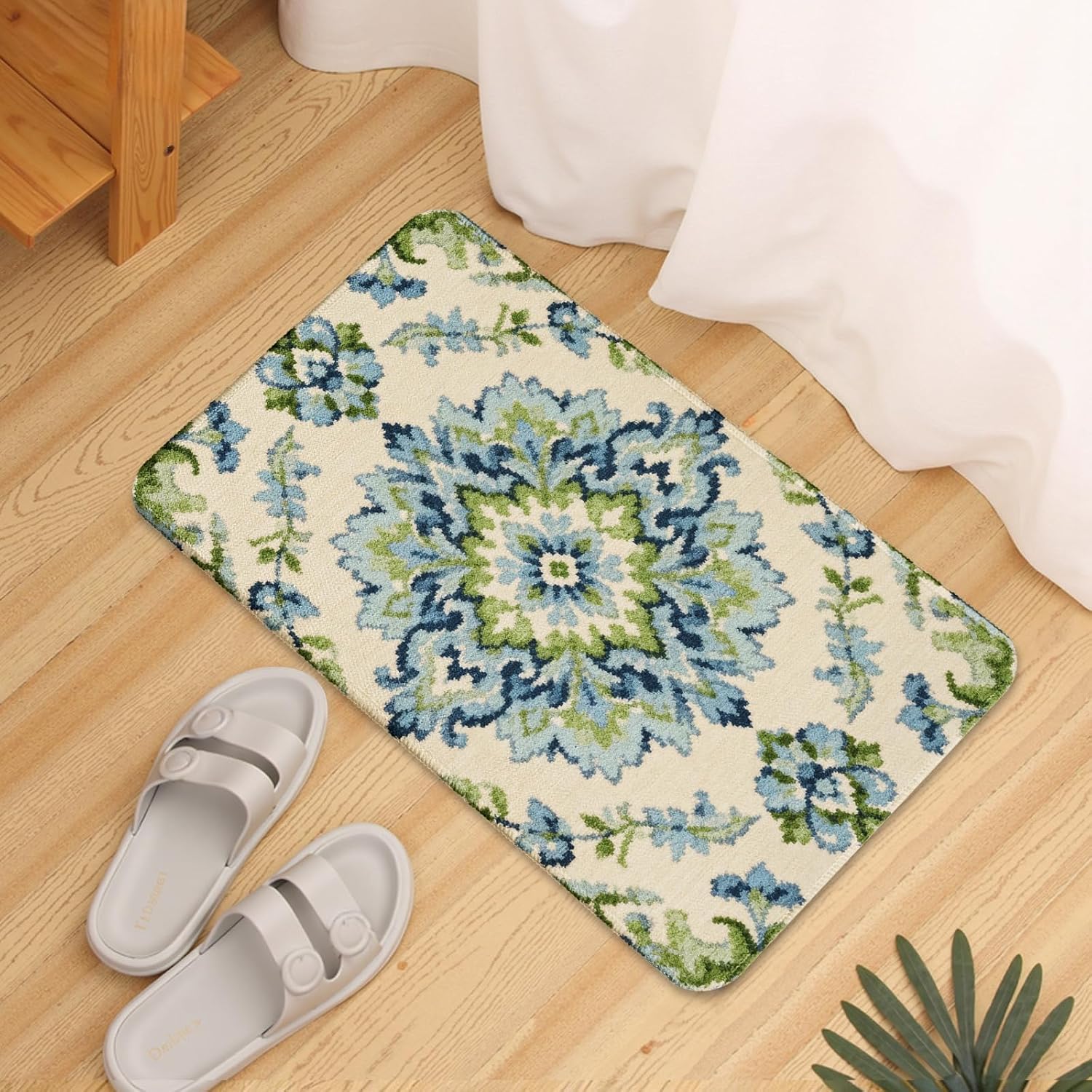 Vintage Boho Kitchen Mats for Floor Set of 2, Sage Green Blue Floral Carpet Pattern Kitchen Rugs,Non Slip Washable Absorbent Kitchen Runner Rugs Artistic Fresh Decor,17x30 and 17x47 Inch