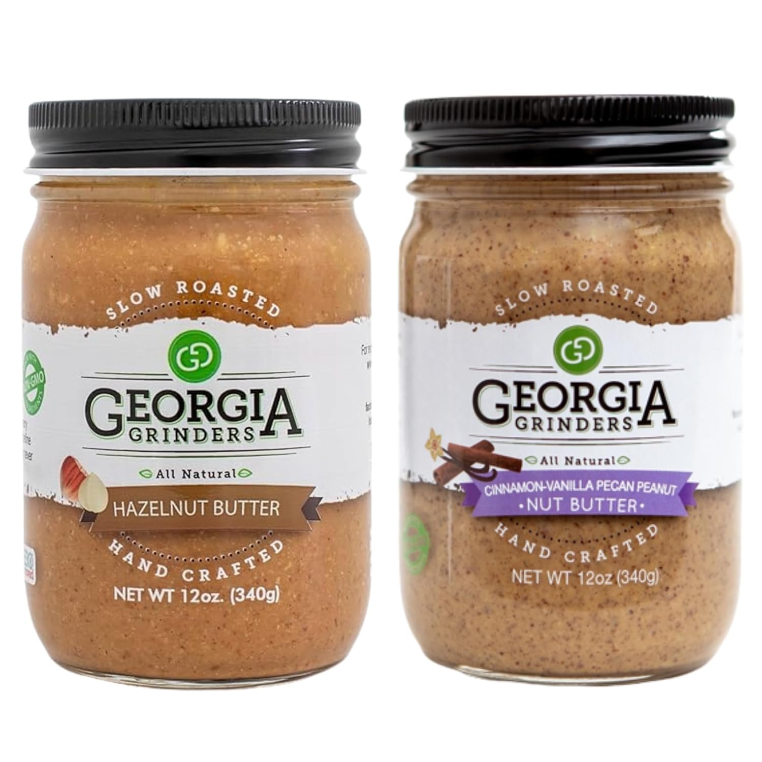 Georgia Grinders Hazelnut & Cinnamon Vanilla Pecan Peanut Butter Gourmet Spread, Organic, Paleo and Vegan Friendly, Non-GMO, No Added Sugar, No Palm Oil, Gluten-Free, Dairy-Free, 12 Ounce (2 Pack)