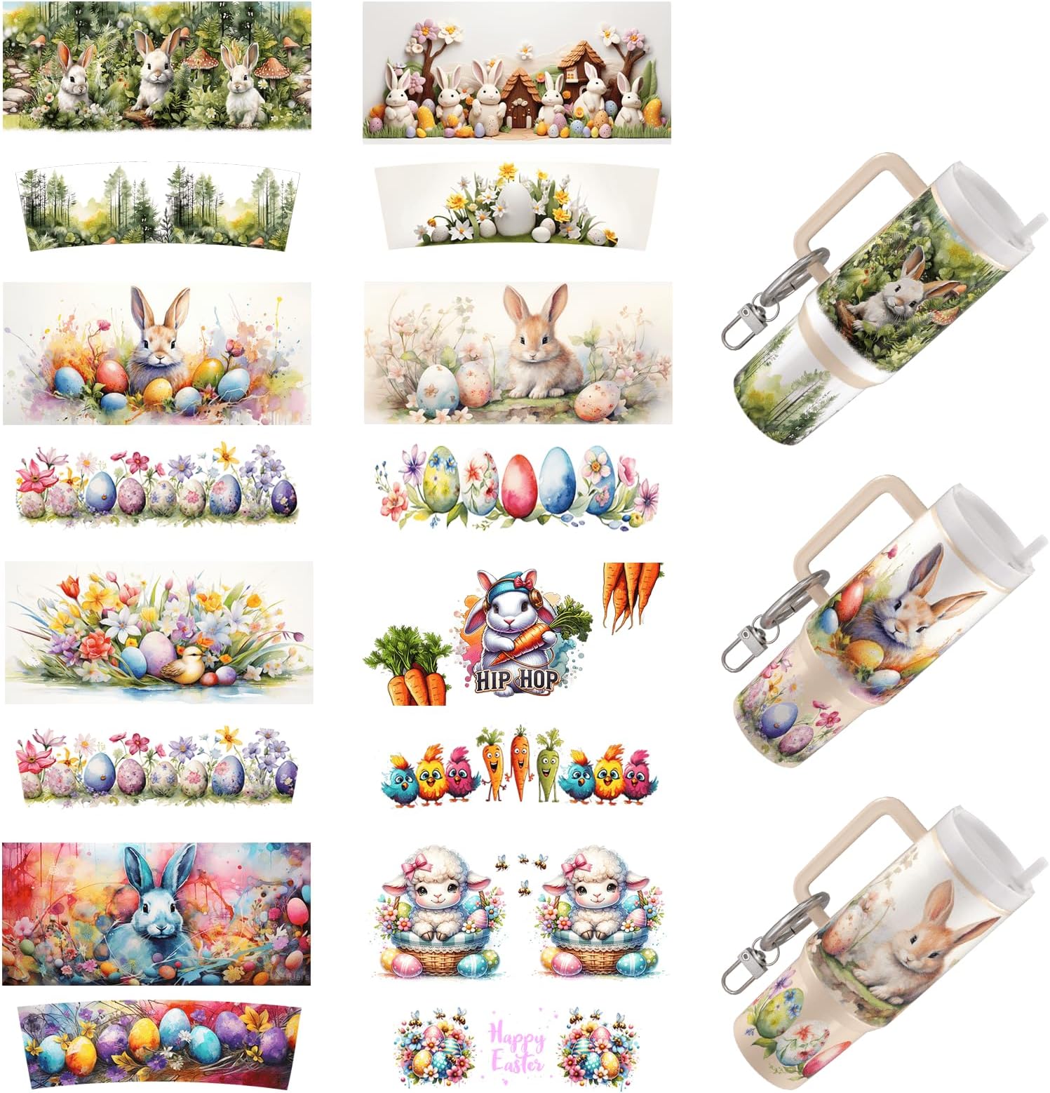 Dorsbaby 8pcs Animals UV DTF Cup Wrap Transfer Paper for Cup Type Keychains, DIY Crafts, Key Rings for DIY Creativity UV DTF Cup Wrap (Flower Rabbit)