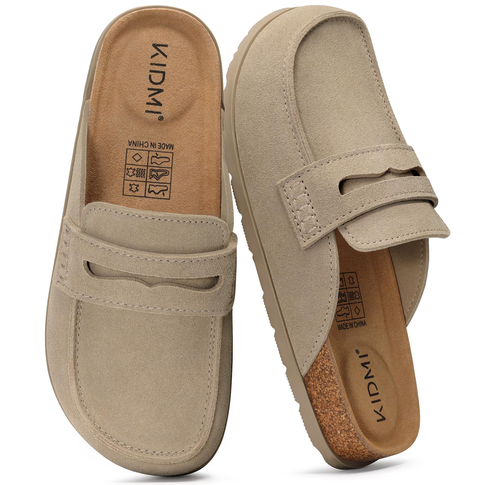 KIDMI Women's Genuine Suede Loafer Style Clogs Mules, Taupe, Size 41