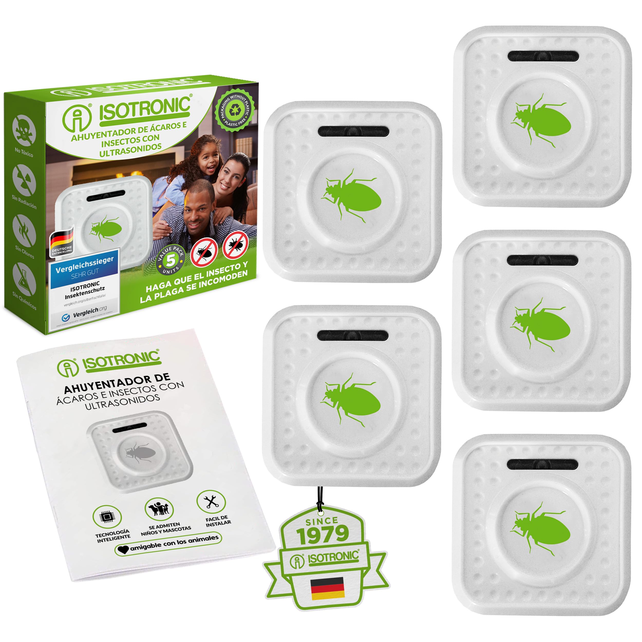ISOTRONIC Ahuyentador de ácaros e Insectos con ultrasonidos | Elimina ácaros e Insectos del colchón con ultrasonidos | Repelente ultrasónico de ácaros/chinches de Cama/Insectos | Set de 5