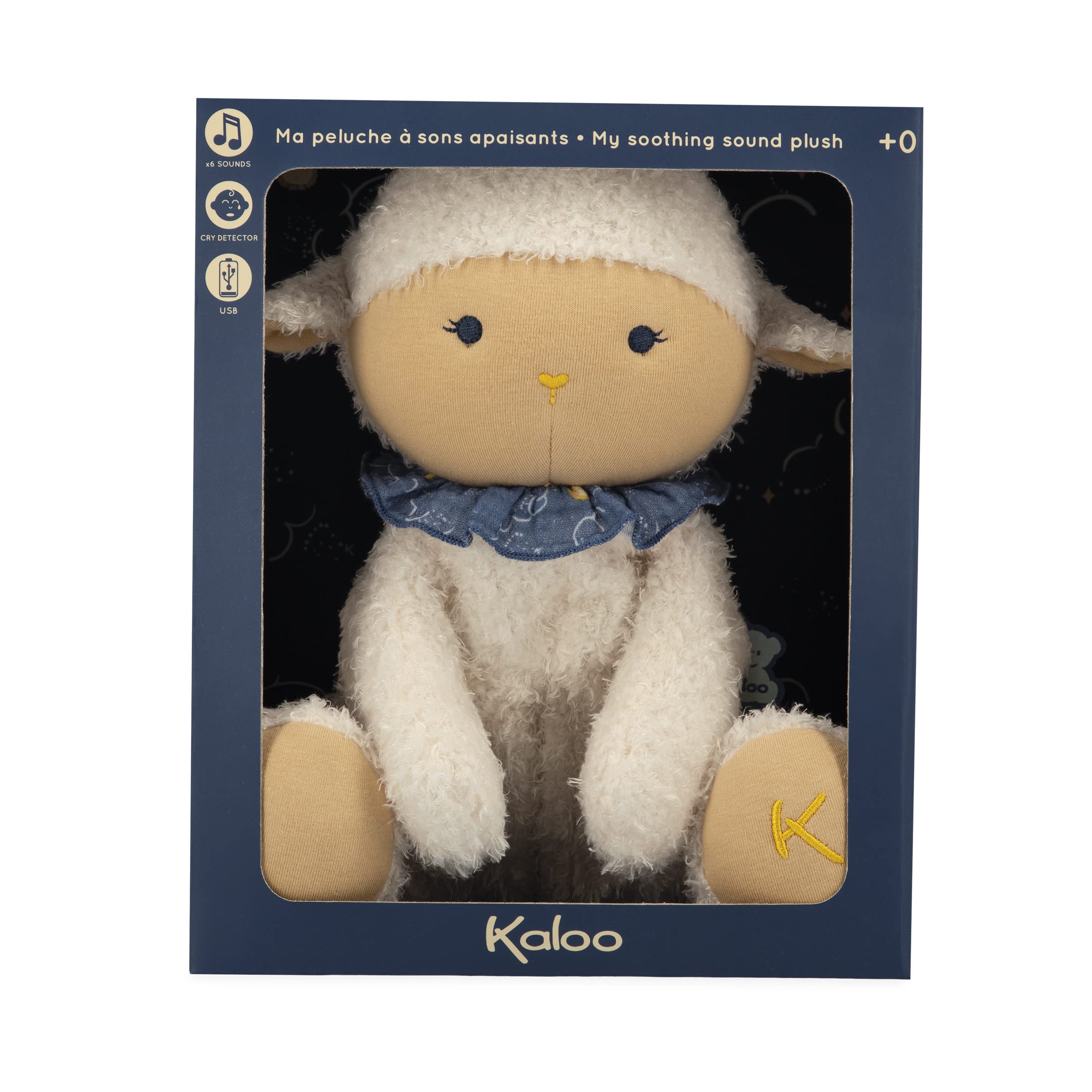 KALOO - Doux Sommeil - Peluche Pecorella Bianca - Peluche Musicale - 6 Suoni Rilassanti per Addormentare Il Neonato - Rileva Il Pianto - 25 cm - dalla Nascita, K221003