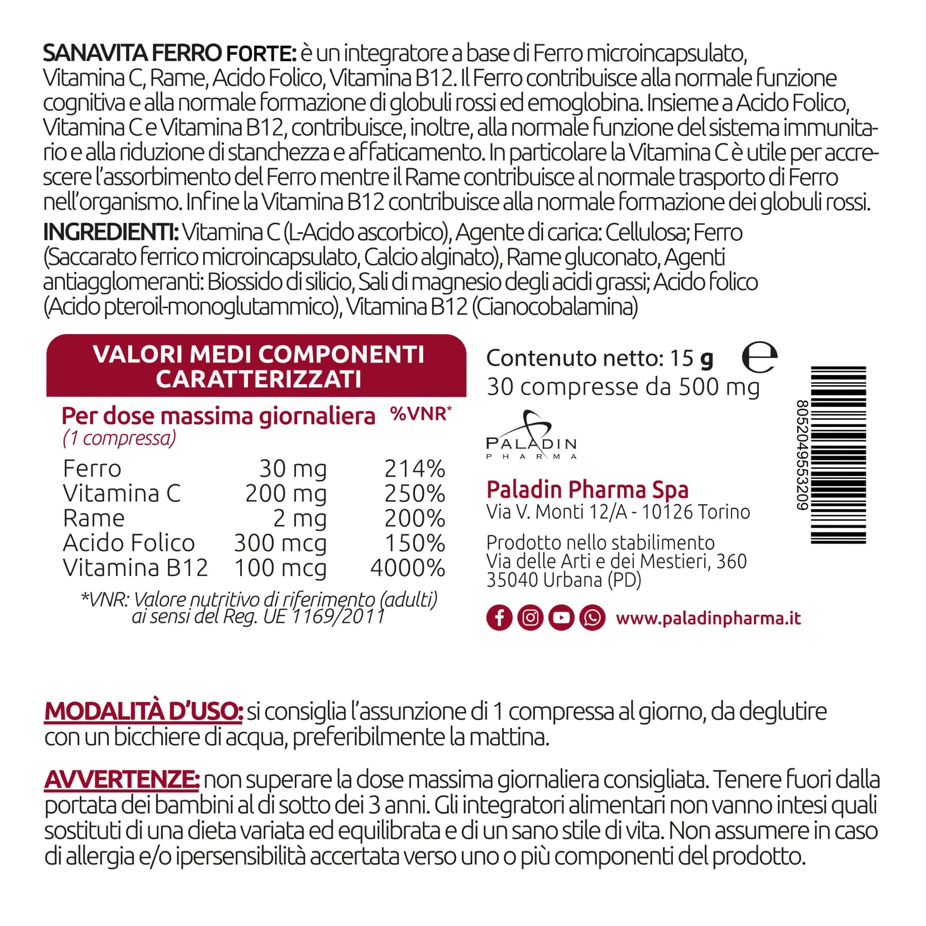Sanavita Ferro Forte Integratore Alimentare con Ferro Alto dosaggio, Vitamina C, Rame, Acido Folido e Vitamina B12 Alo Dosaggio - 30 compresse