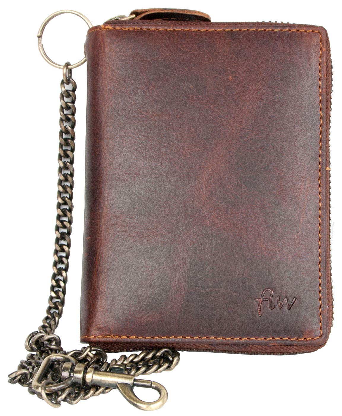 FLW Billetera marrón Estilo Motero Zip Alrededor de Cuero Genuino con Cadena de Metal