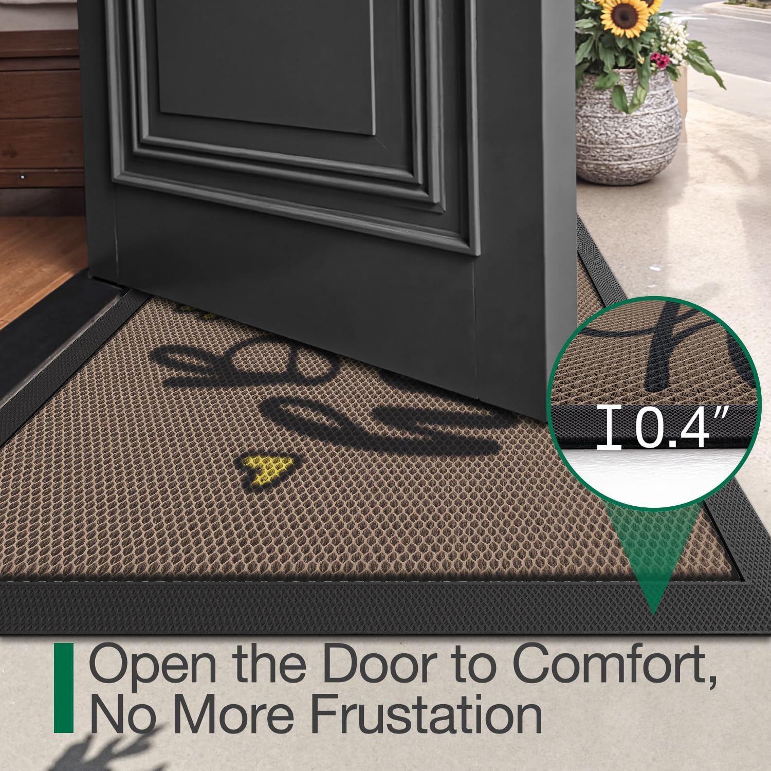 LUMI Outside Welcome Door Mat 17x30, Non Slip Durable Rubber Entrance Doormat, Low Profile Easy Clean Mats for Front Back Door Entryway Porch Garage, Bee Happy