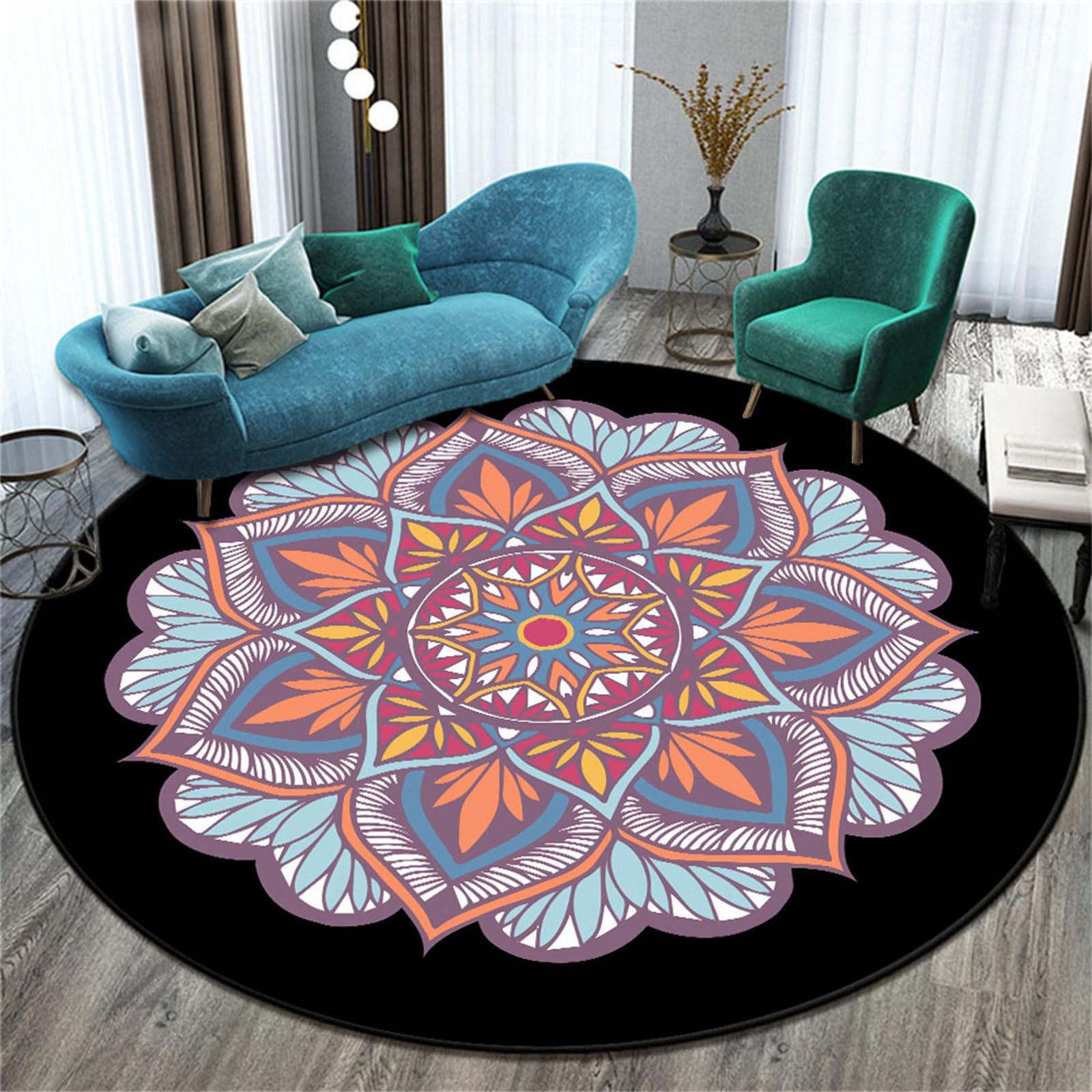 Teppich Rund, Kristallsamt Reppich Schlafzimmer, Innenbereich Runder Teppich, Nordisches Mandala Waschbarer rutschfest Teppich für Wohnzimmer, Kinderzimmer, Büro (Schwarz,160cm)