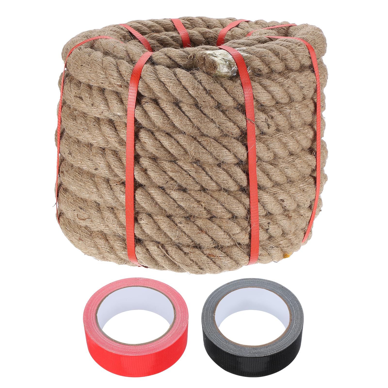 sourcing map Jute Rope 1.4 Inch x 49ft, Heavy Natural Thick Twisted Rope with 2 Roll Tapes for Crafts Railing Docks Tug of War Swing Nautical Landscaping