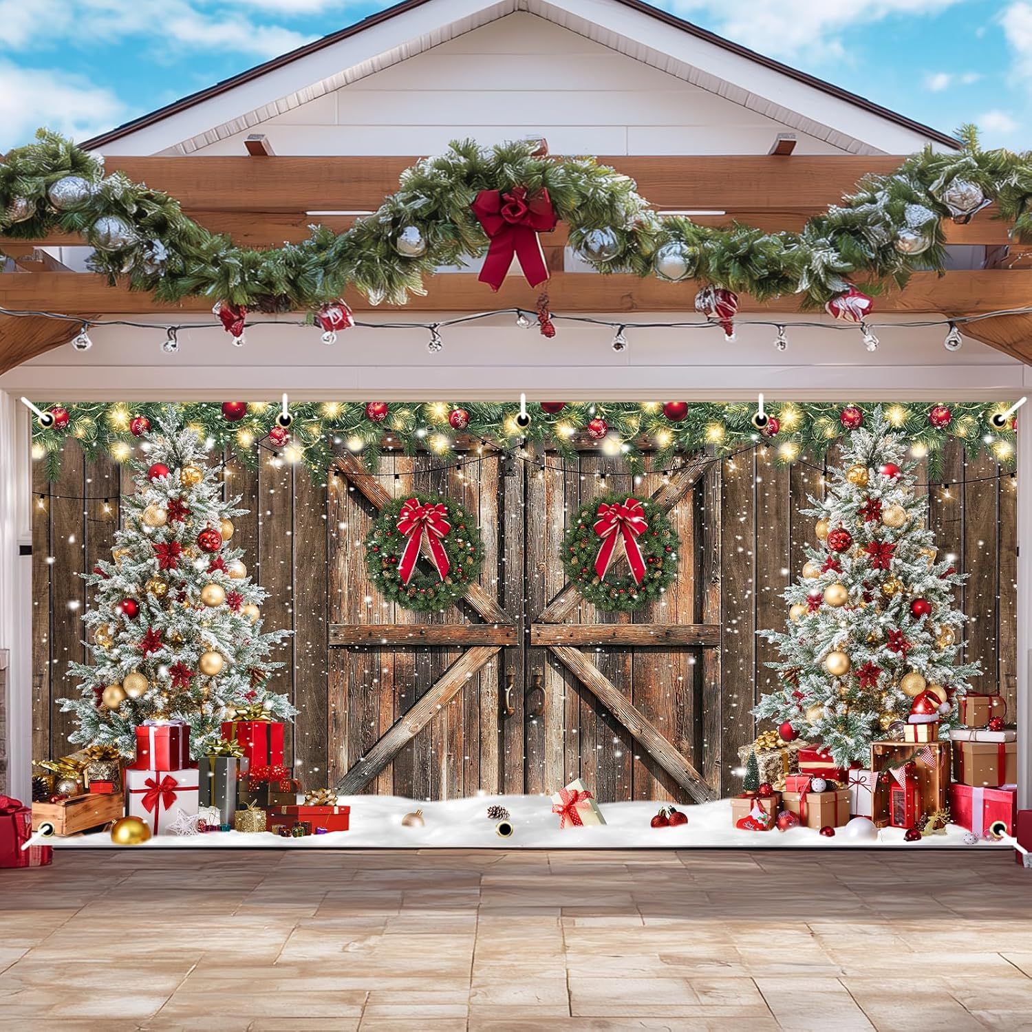 Avezano 6 x 13 ft Rustic Christmas Garage Door Cover Barn Wood Christmas Garage Banner Snowy Xmas Holiday Background for Family Party Decor Supplies Photo Studio Props
