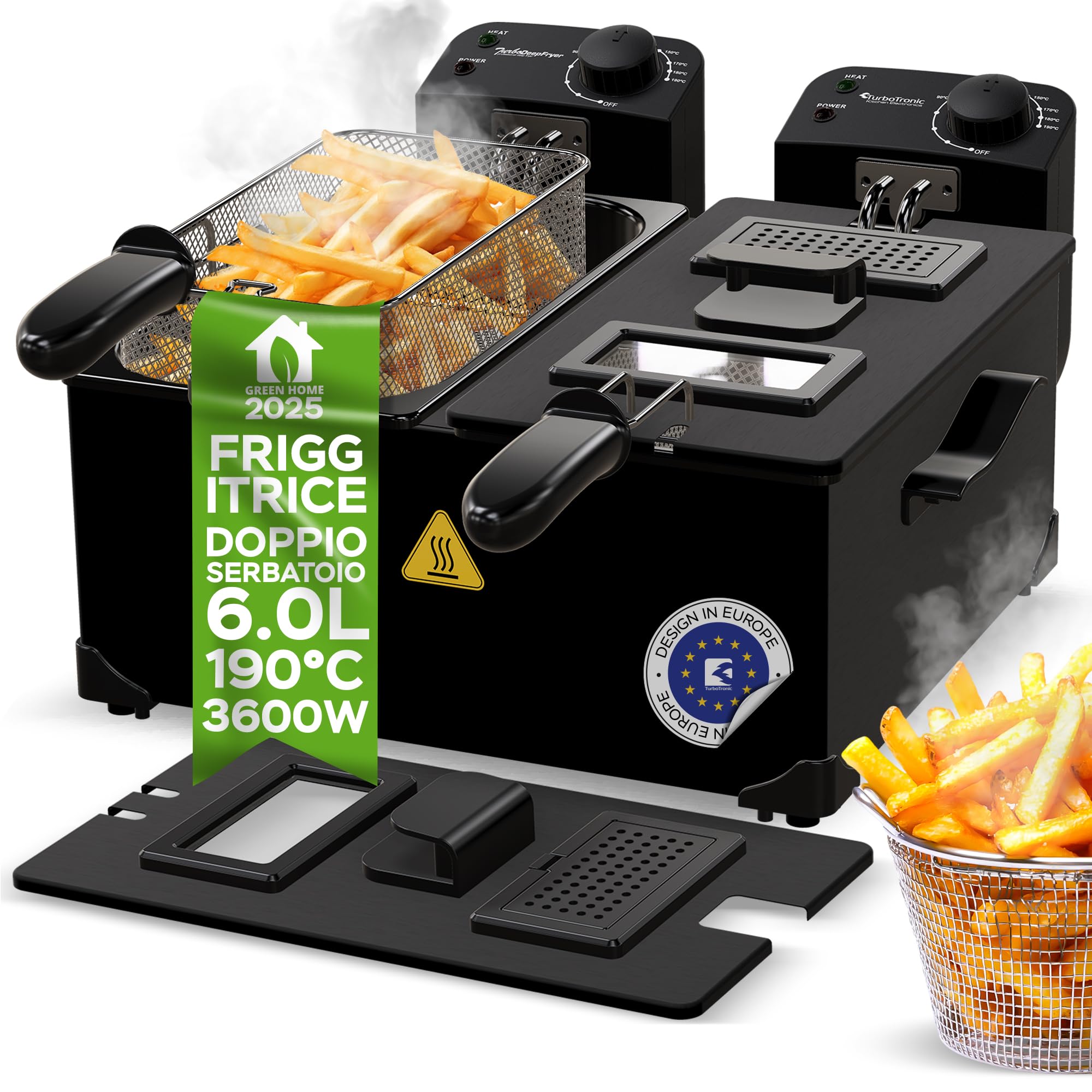 Friggitrice doppia a zone fredde, 2 x 3 l, con contenitore per olio estraibile (lavabile in lavastoviglie), temperatura: 0 – 190 °C, nero