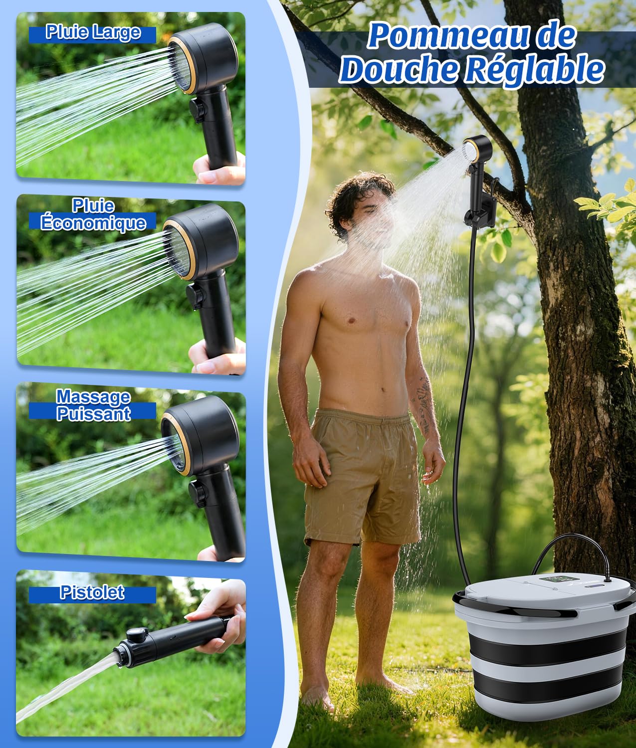 WADEO 2026 Douche Portable de Camping – Seau Pliable + Pompe Intégrés, 13000 mAh Rechargeable, Écran LED (℃/℉), 5 Vitesses, IPX8, Kit de Douche pour Camping, Animaux, Plage, Lavage Auto