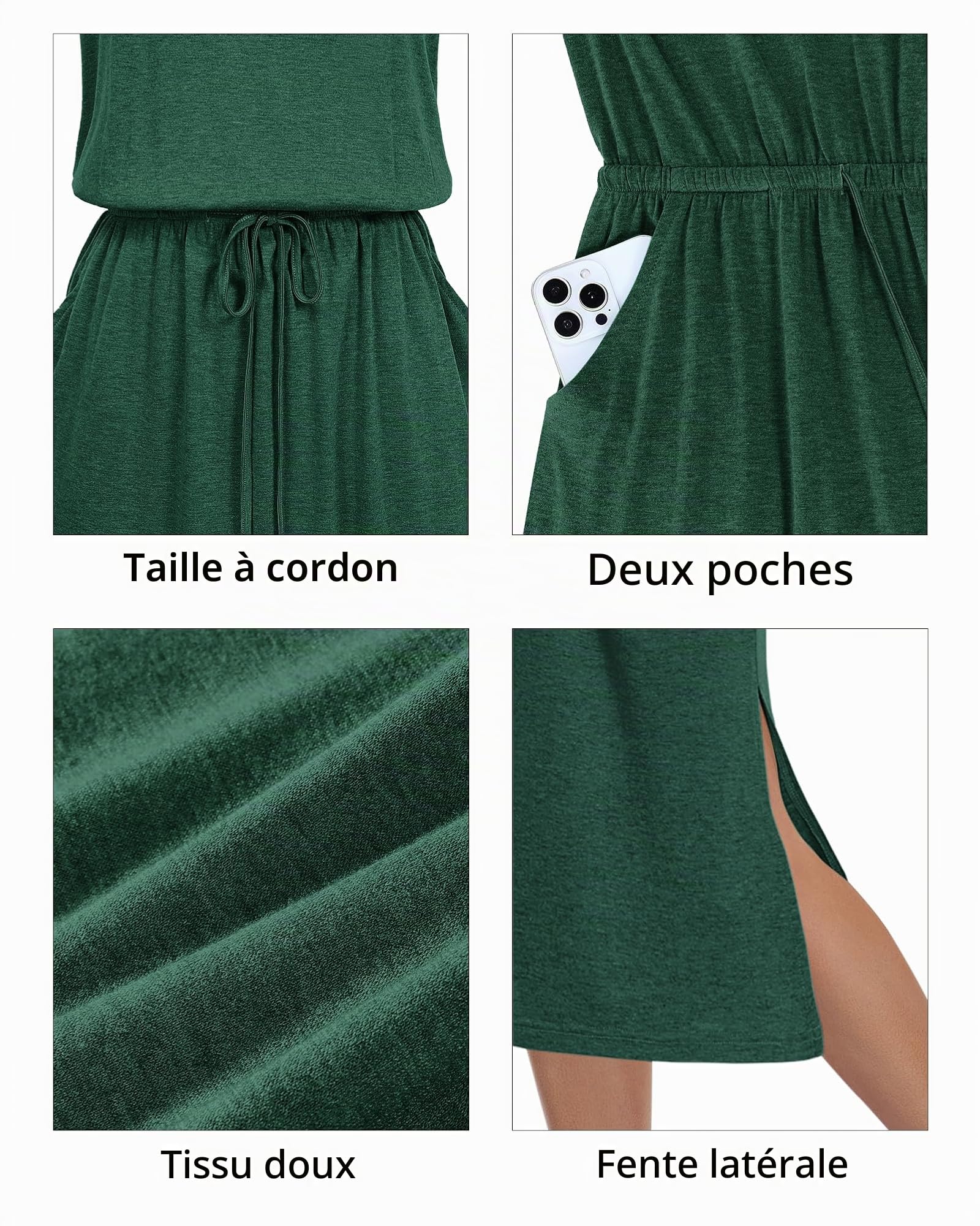 AUSELILY Robe d'été Mi Longue Femme sans Manches Robe Fluide Casual Légère avec Fente Devant et Poches Chic Élégant pour Été