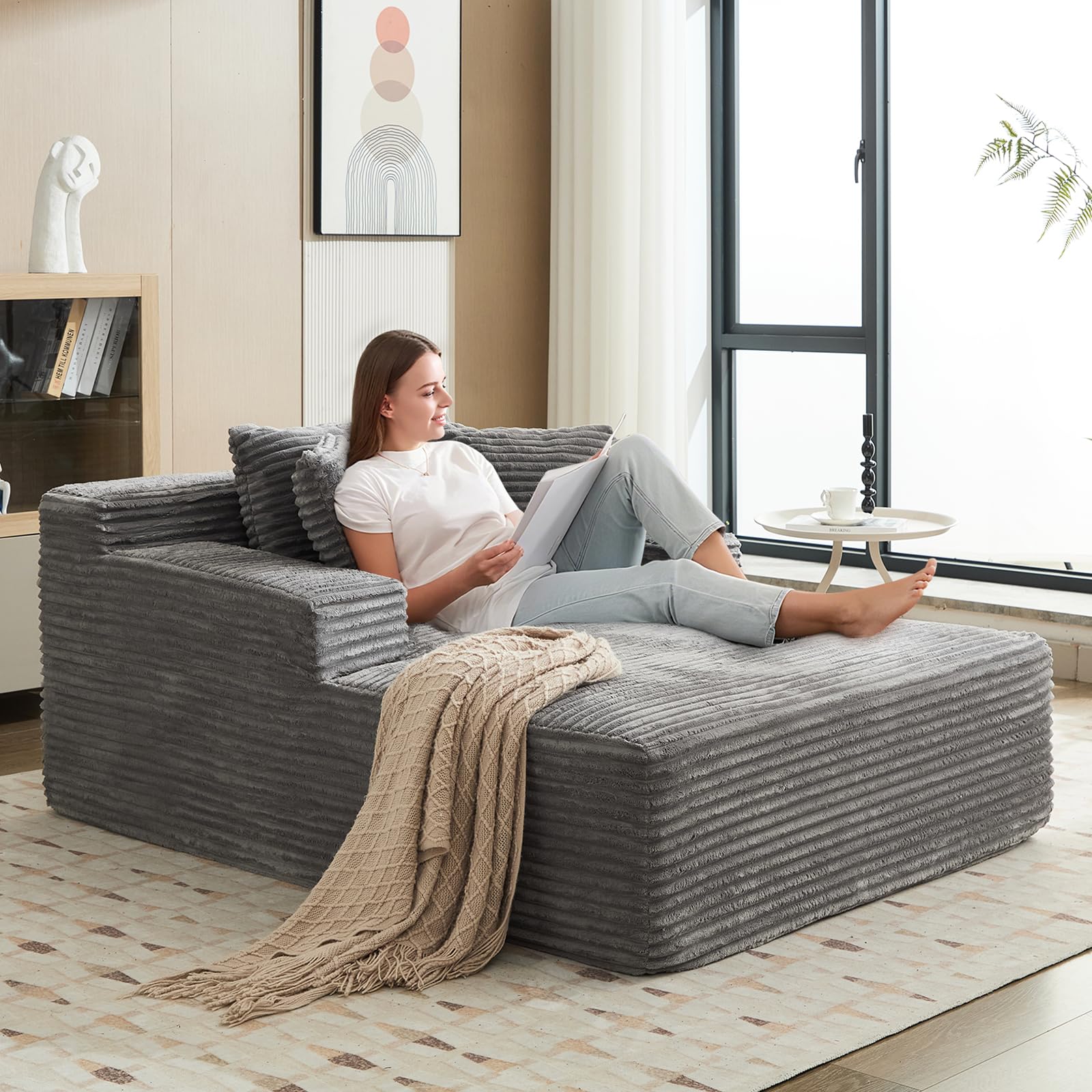 GarveeLife 50" Oversized Chaise Lounge Indoor, Corduroy Boneless Sofa Bed with 3 Pillows, Deep Seat Sleeper Couch Reading Chairs for Living Room