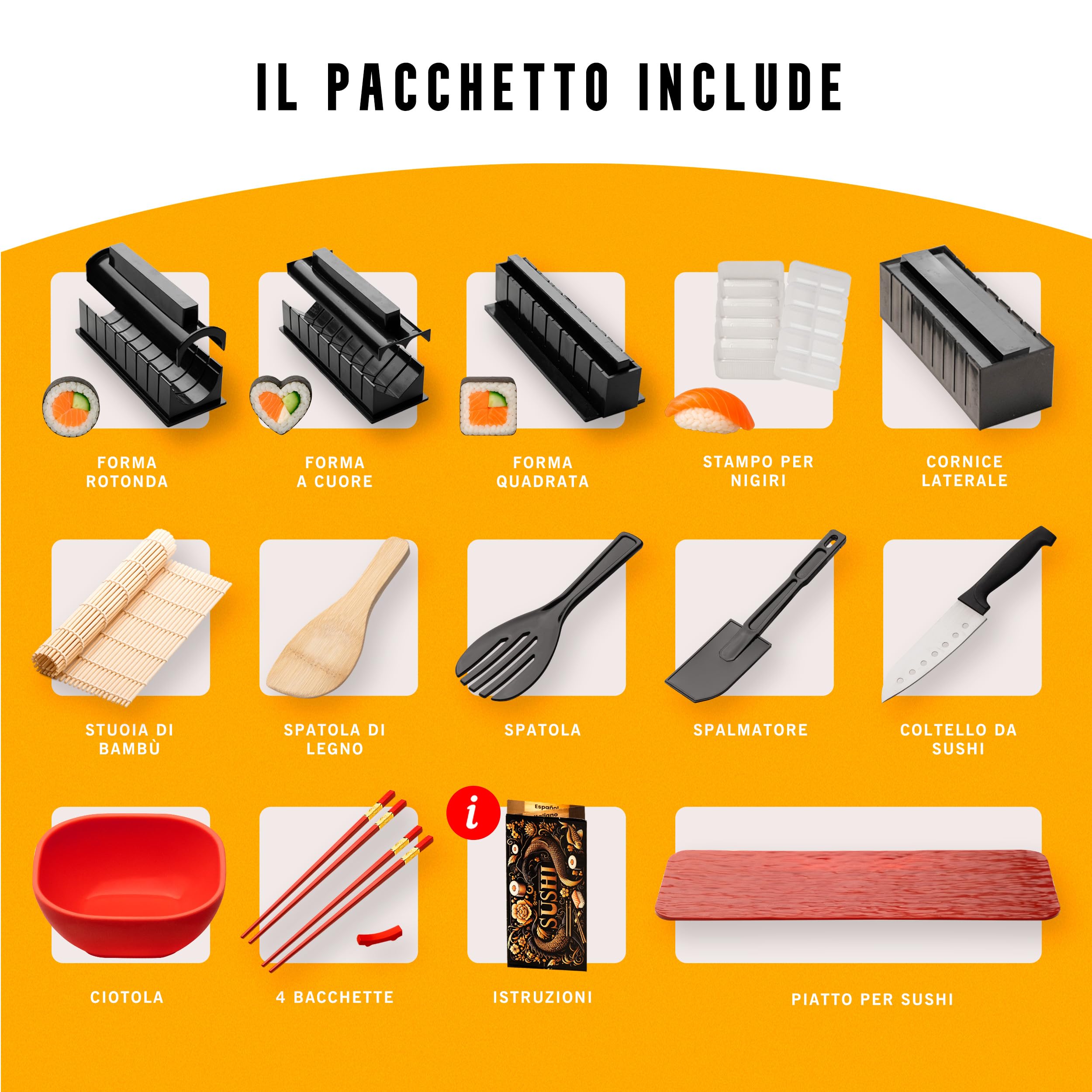 Kit Sushi 15 Pezzi - Sushi Kit Fai da Te con Stampi Nigiri, Tappetino Bambù, Coltello, Bacchette e Vassoio - Set Sushi Maker Casa con Guida e Video - Offerta Speciale per Rinnovo Stock Limitato