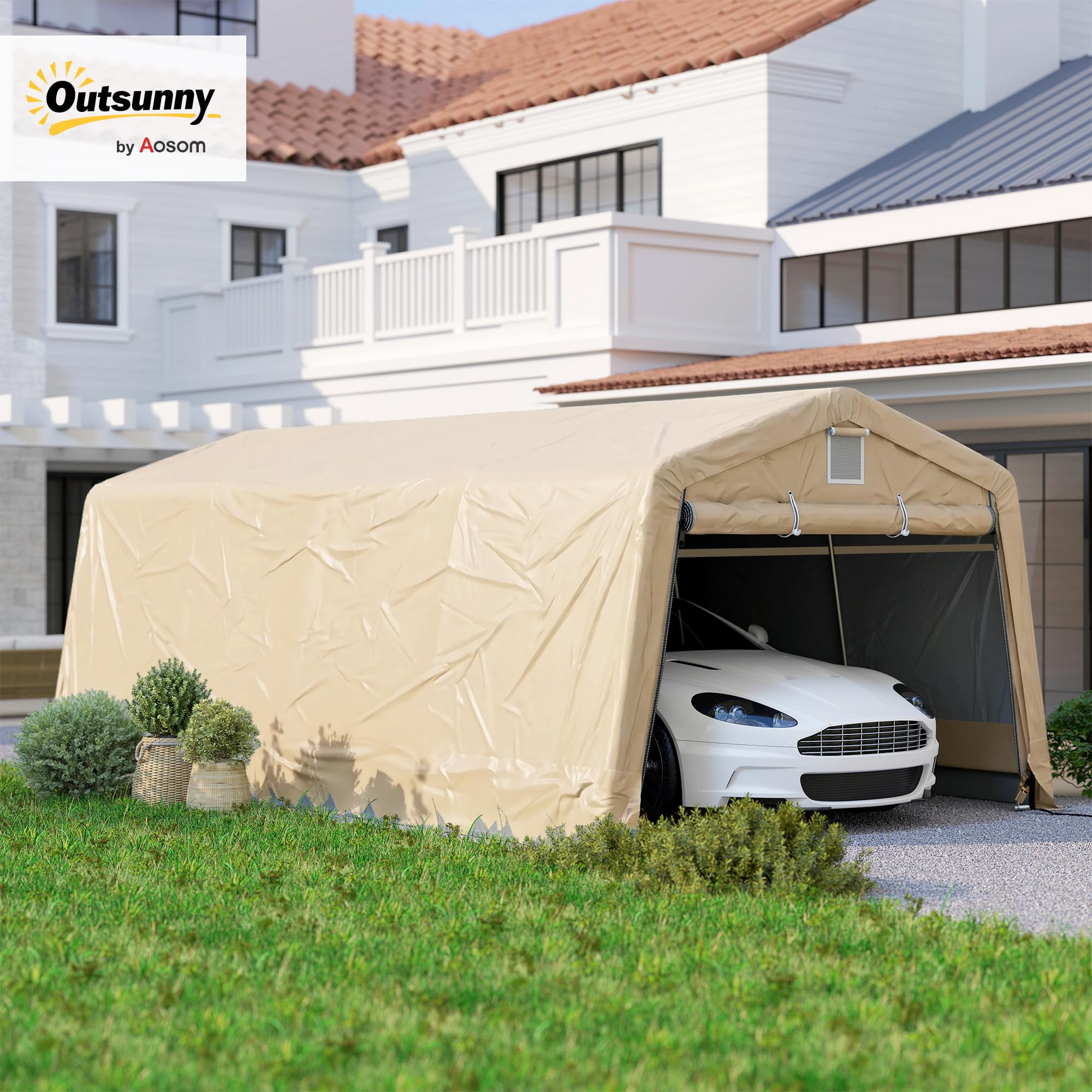 Outsunny Tente Garaż garażowy Wymiary: 6,2 l x 3,3 l x 2,4 h, wytrzymała stal ocynkowana PE o wysokiej gęstości 150 g/m², wodoodporna, anty-UV, 1 drzwi khaki i 2 otwory wentylacyjne