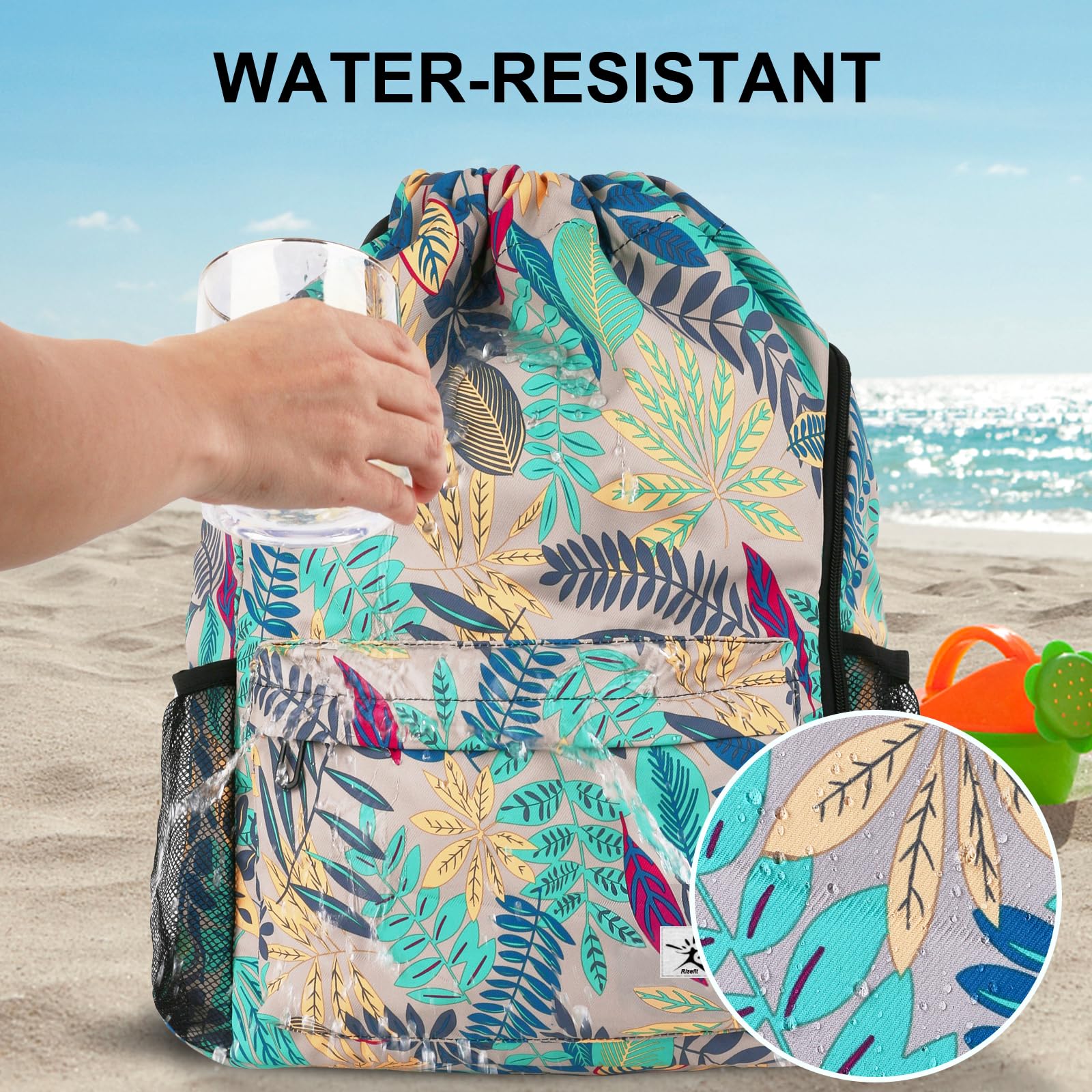 Risefit Drawstring Backpack with Mesh Pockets String Gym Bag Sackpack Sandproof Water Resistant Beach Backpack for Men Women - Image 3