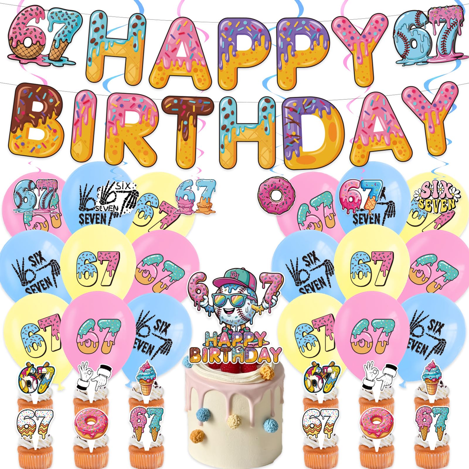67 Birthday Decorations, 67 meme Happy Birthday Party Decorations Set Including Banner Hanging Swirls Cake Topper 12 Cupcake Toppers 18 Balloons