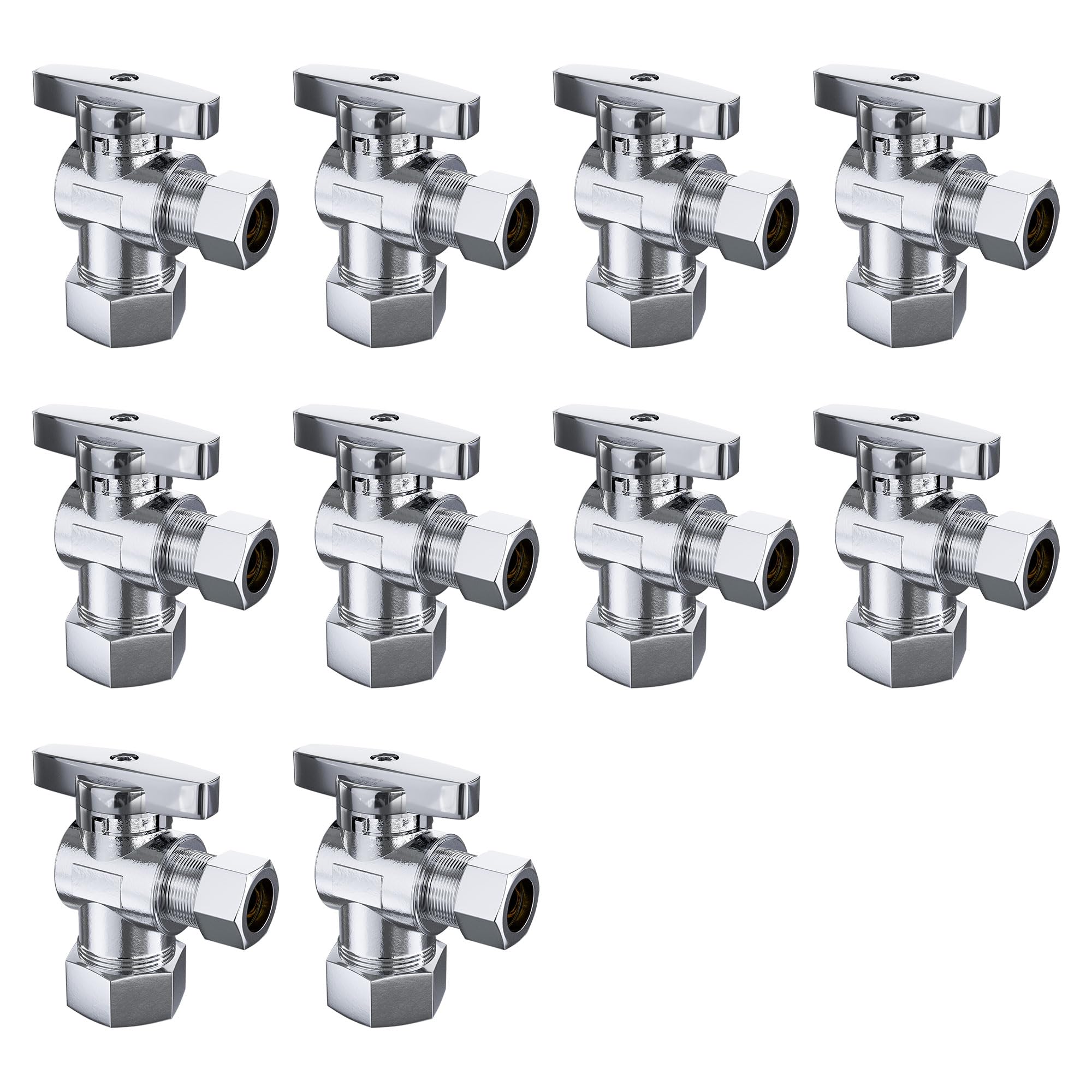 10 Pack Angle Stop Valve,1/2" Nominal Comp (5/8"OD Comp,Fits 1/2" Copper Pipe) X 3/8'' OD Compression Quater Turn Elbow Valve, 5/8 Inches OD X 3/8 Inches OD Shut Off Valve,Chrome