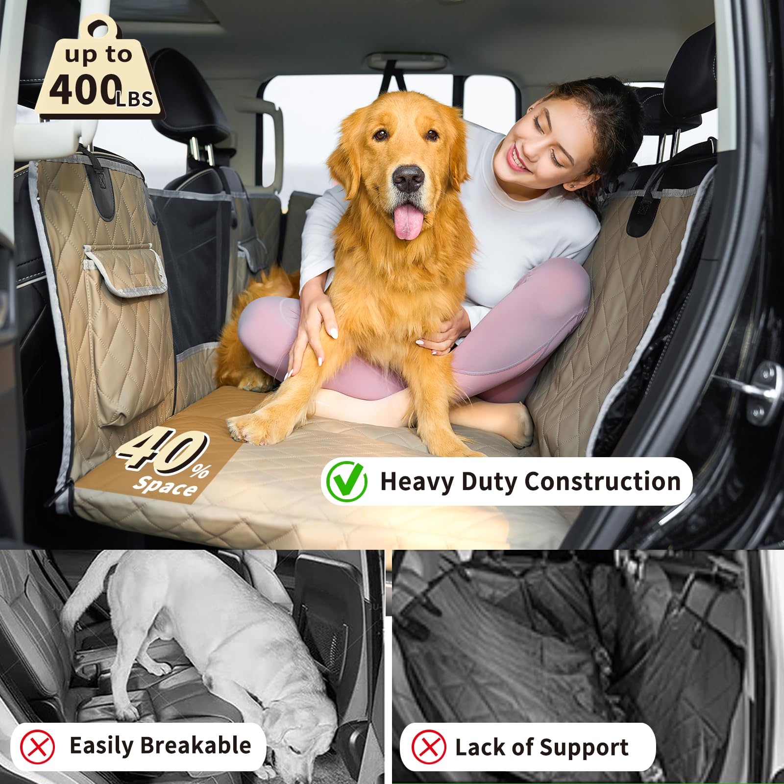 Nxwjoy Dog Seat Cover for Back Seat Pet Cover for Dogs Hard Bottom Extender Seat Cover Car Seat Protector Waterproof Dog Hammock for Car SUV Truck Traveling Camping Khaki Grey