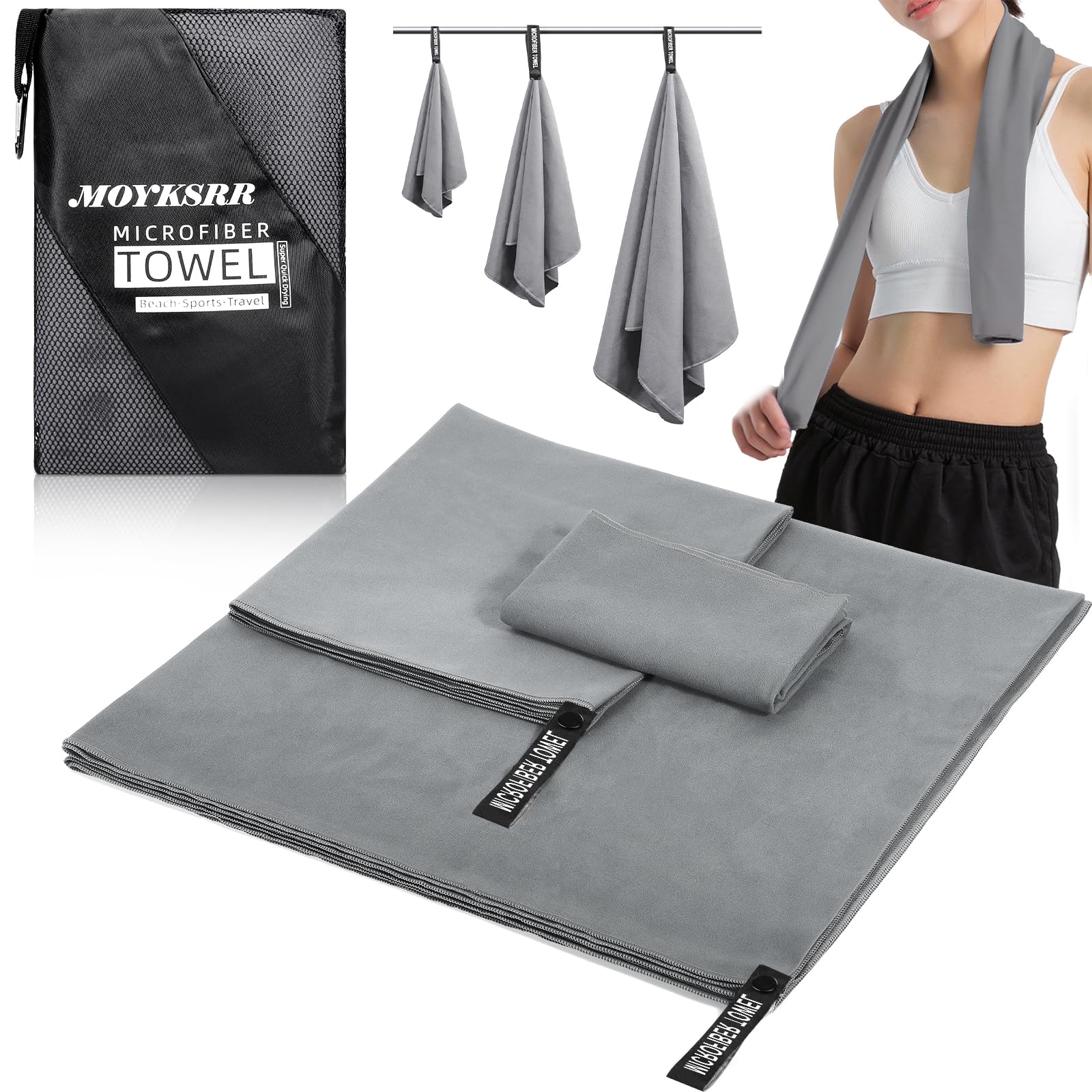 MOYKSRR Asciugamano Microfibra, Asciugamano in Microfibra 3 Set | 180x80cm+100x50cm+70x40cm, Asciugamani Palestra, Asciugamani in Asciugatura Rapida per Viaggi, Spiaggia, Yoga, Sauna(Grigio Scuro)
