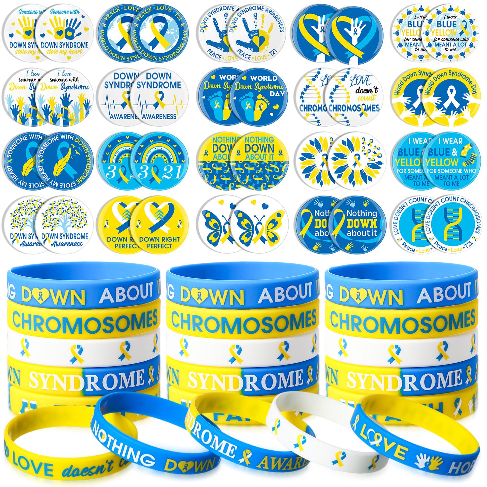 Hiboom 80 Pieces Down Syndrome Awareness Bracelets and Pins Set Blue Yellow Ribbon Buttons Badge and Bracelets Gifts for Down Syndrome Awareness Bulk Items Gifts Accessories Party Favors