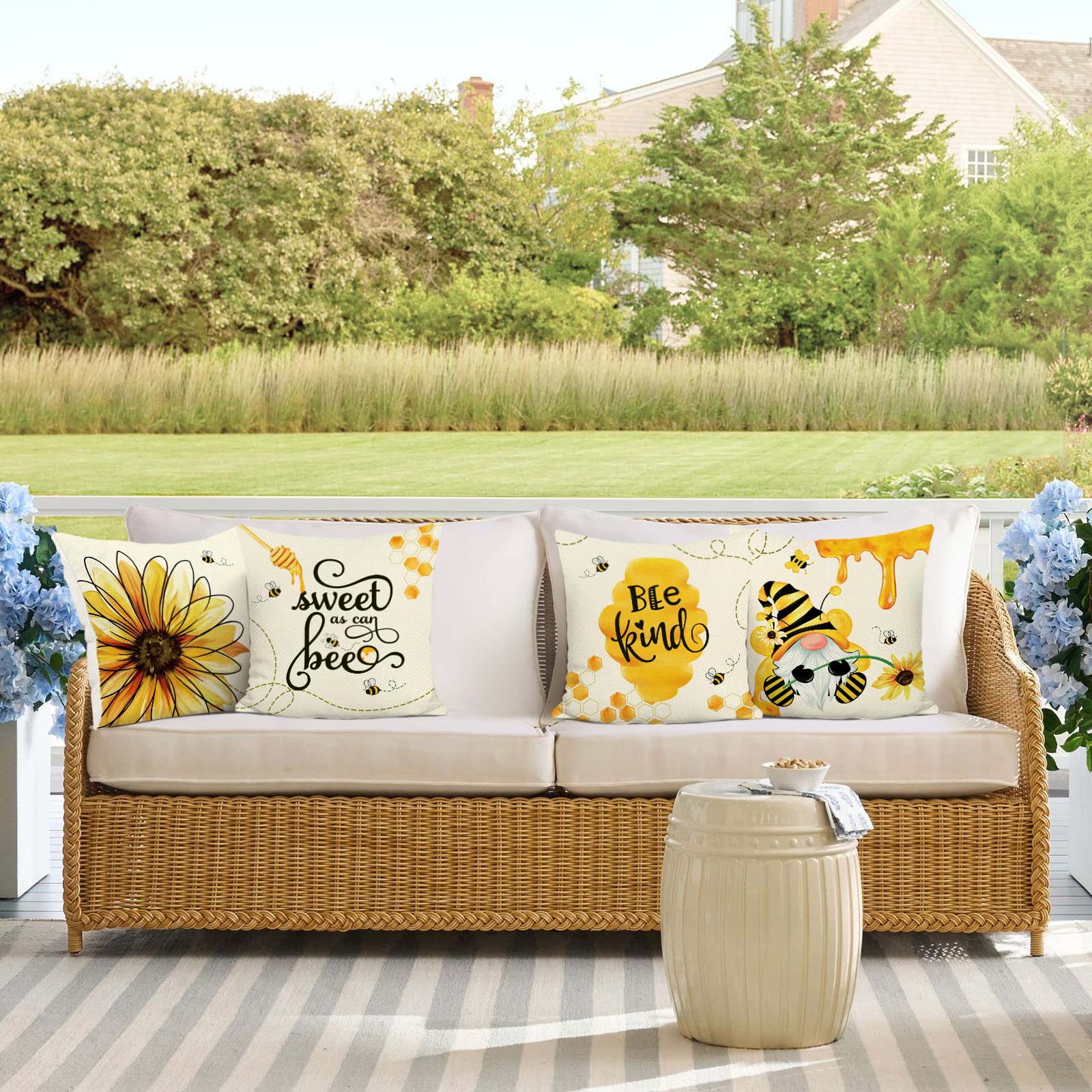 Federe Cuscini Primavera 45x45cm - Stampa Gnomi, Fiori E Camion, Set Di 4, Perfette Per Divano E Letto - Foto 7