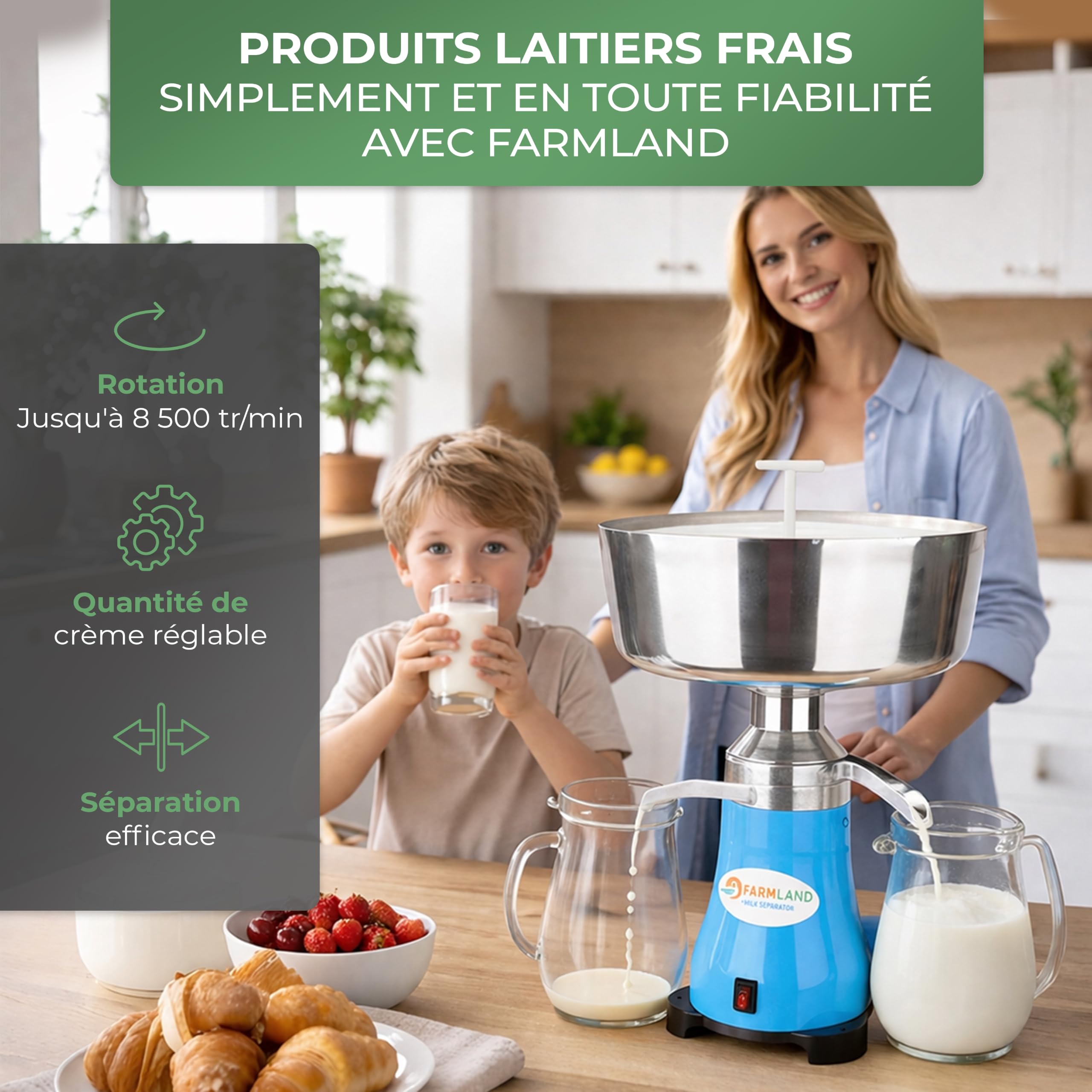 Farmland Centrifugeuse électrique - Séparateur de lait puissant pour 140 l/h - Séparateur de lait de qualité supérieure - Lait centrifuge pour débutants et professionnels - Quantité de cadre réglable