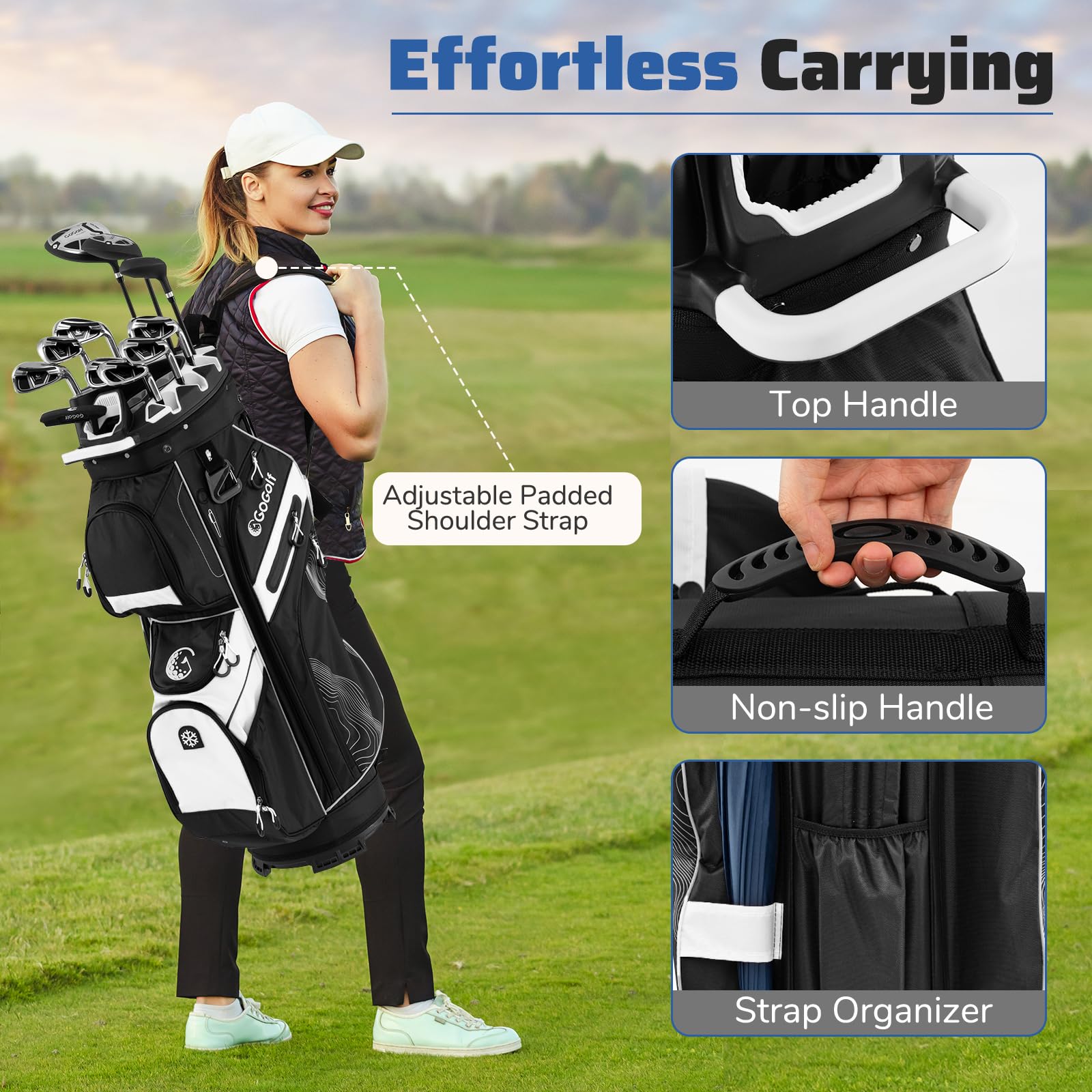 LIFEZEAL Bolsa de Golf con 14 Divisores, Bolsa de Palos de Golf con 11 Bolsillos, Cinturón de Almacenamiento Portátil con Correa Acolchada, Nevera, Asas, Soporte de Paraguas