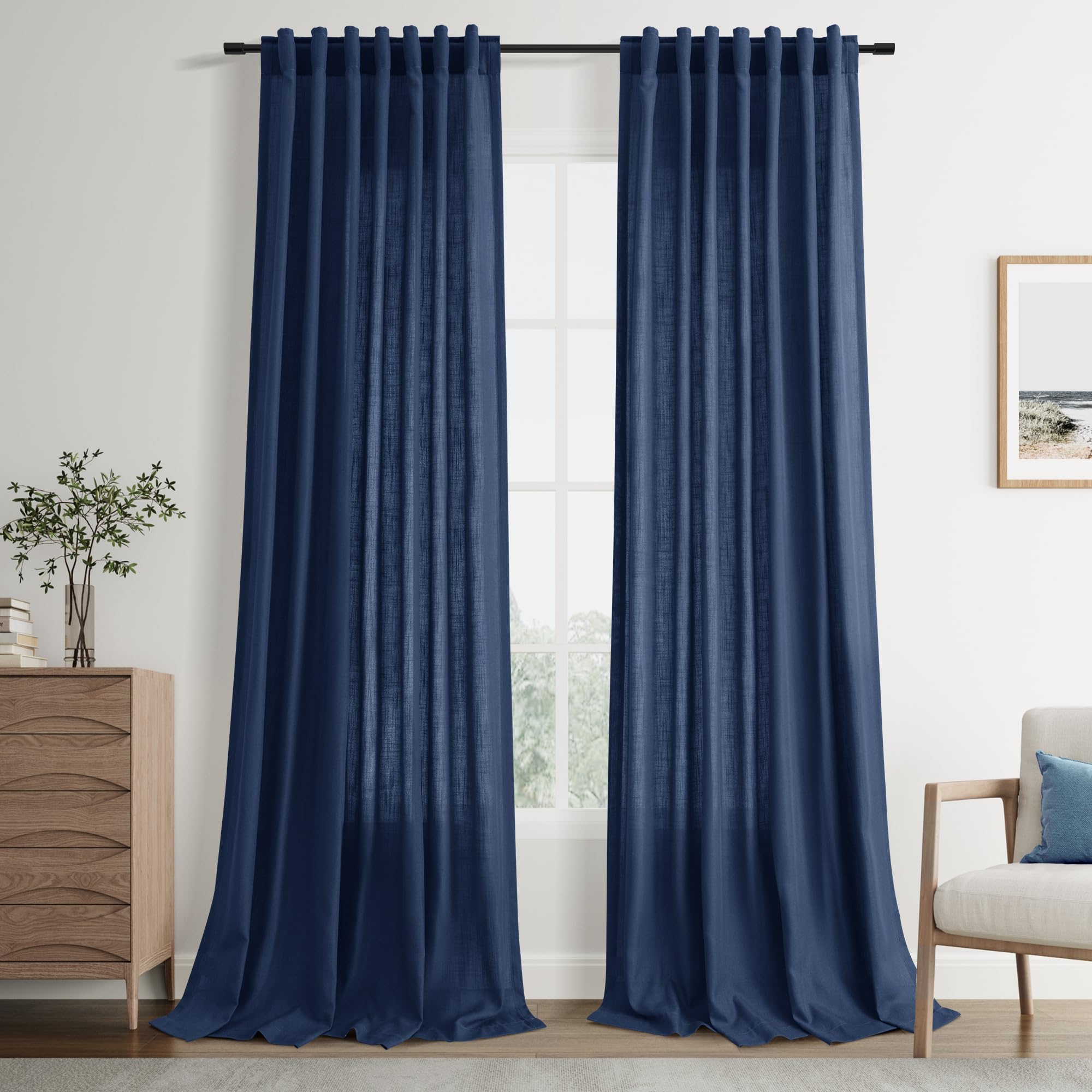 Joywell Denim Blue Back Tab Rod Pocket Linen Curtains 108 Inches Long 2 Panels for Living Room Bedroom Neutral Boho Farmhouse Rustic Light Filtering