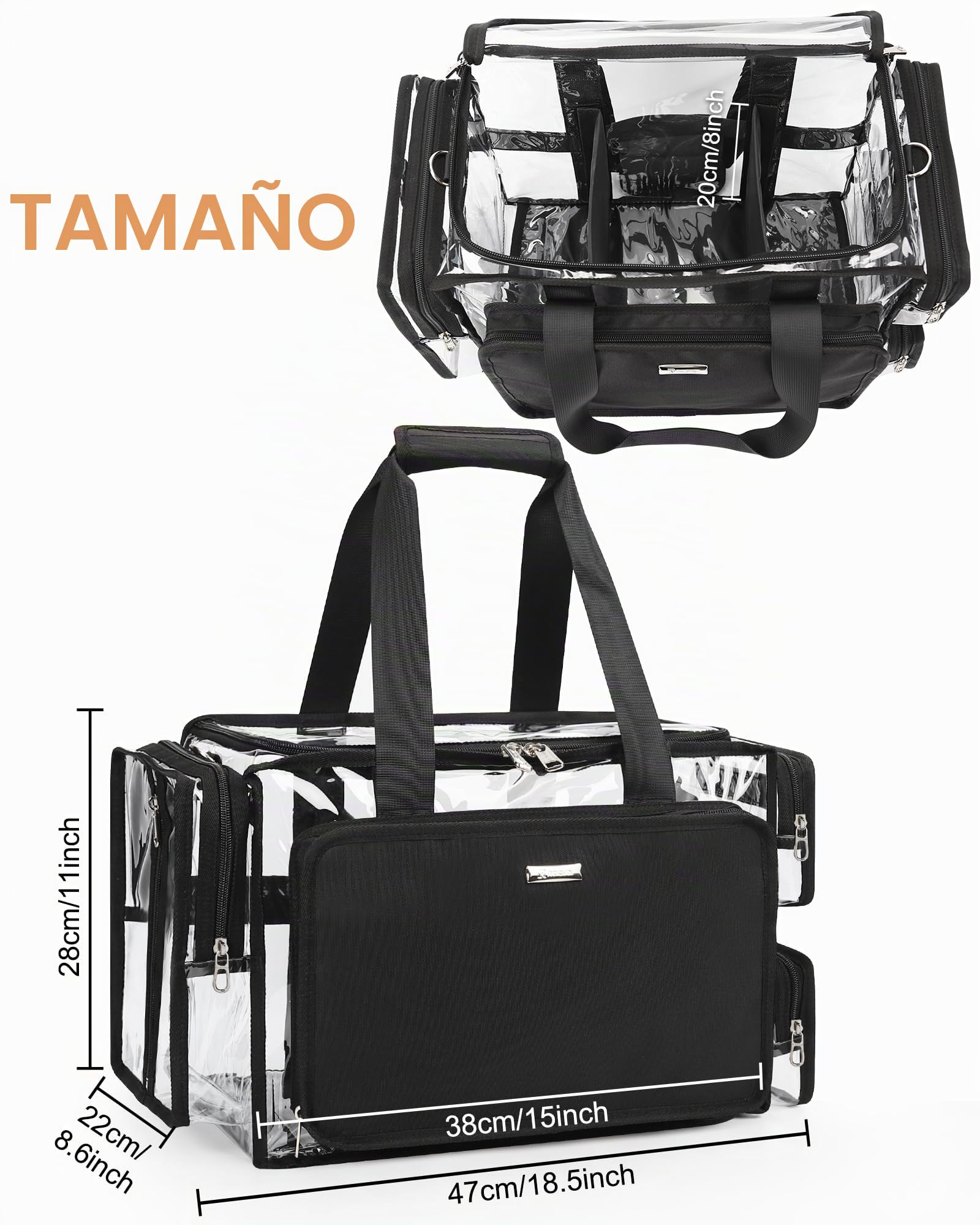 Relavel Bolsa de maquillaje transparente XXL - Juego de cosméticos profesional para viscosos y barberos, organizador de belleza de viaje con compartimentos ajustables, bolsa de lona transparente para