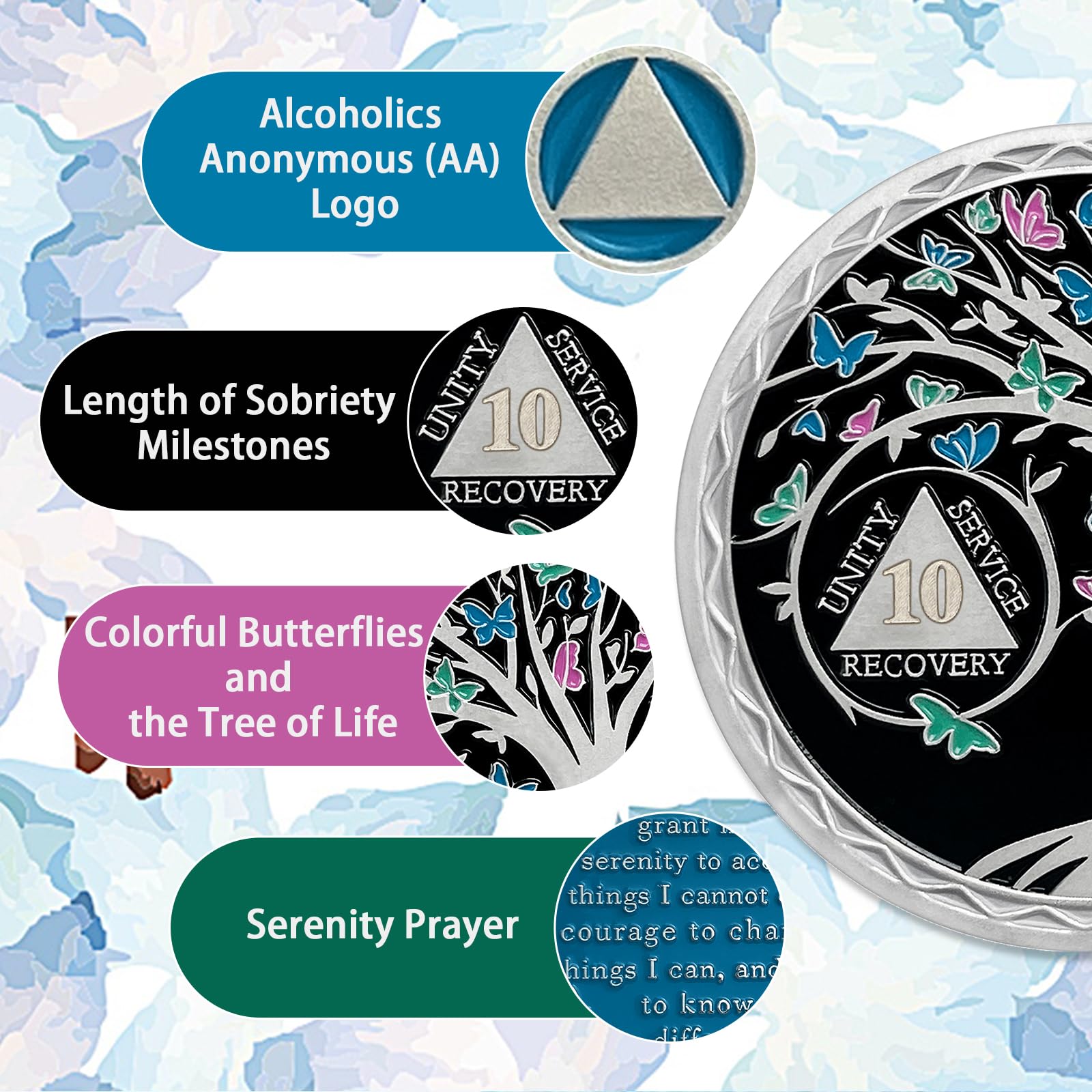 10 Month Sobriety Coin Butterfly Tree of Life AA Chips and Medallions Sobriety Recovery Chip Sober Token Sobriety Gifts for Men Women Celebrating Alcoholics Anonymous Recovery - Image 4
